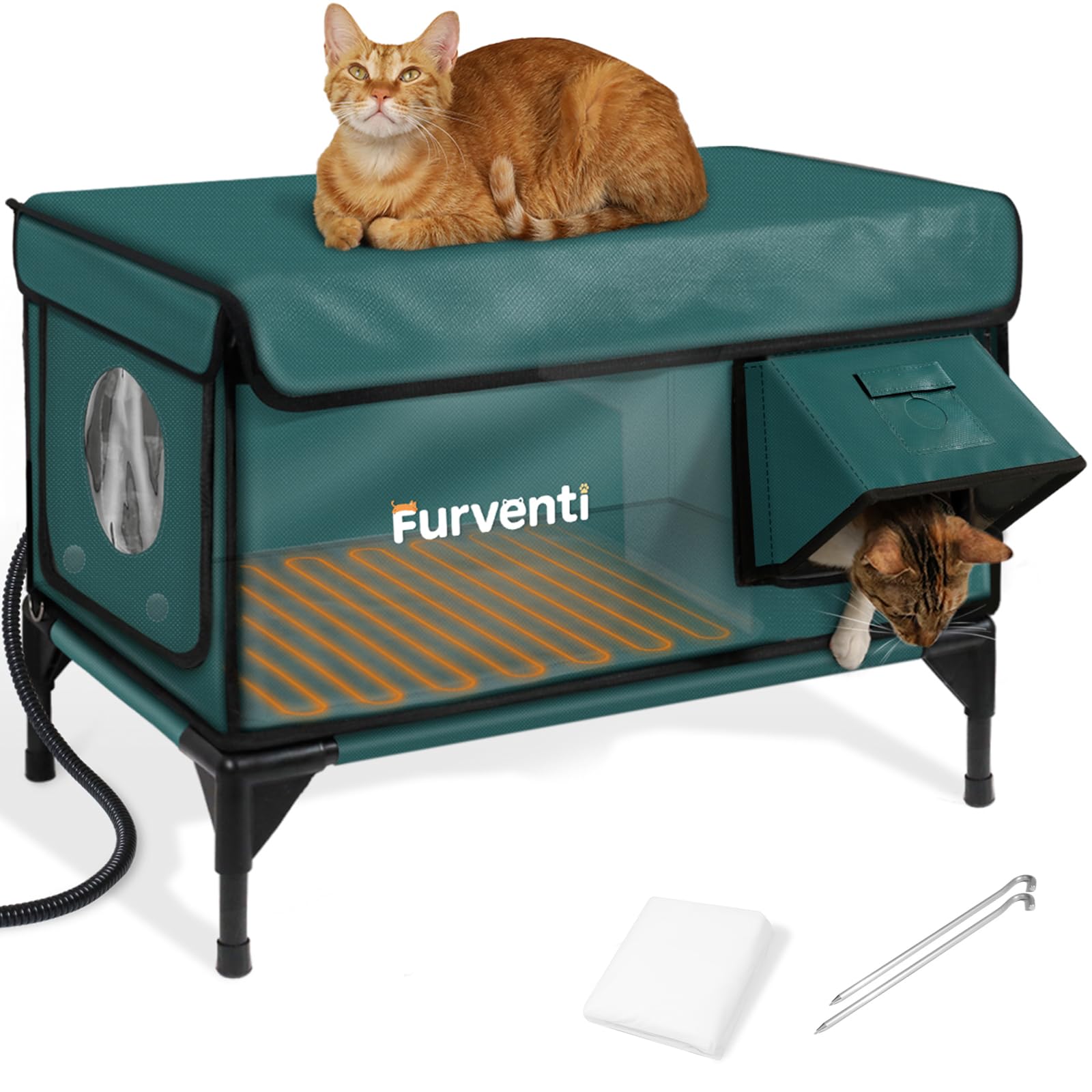 Photo 1 of Heated Cat House for Outside,Dual Camera Mounts,100% Weatherproof & Extremely Insulated,Elevated Feral Cat Shelter with Escape Door,Waterproof Eaves for Outdoor Stray Barn Cat(Dark Green, XL)