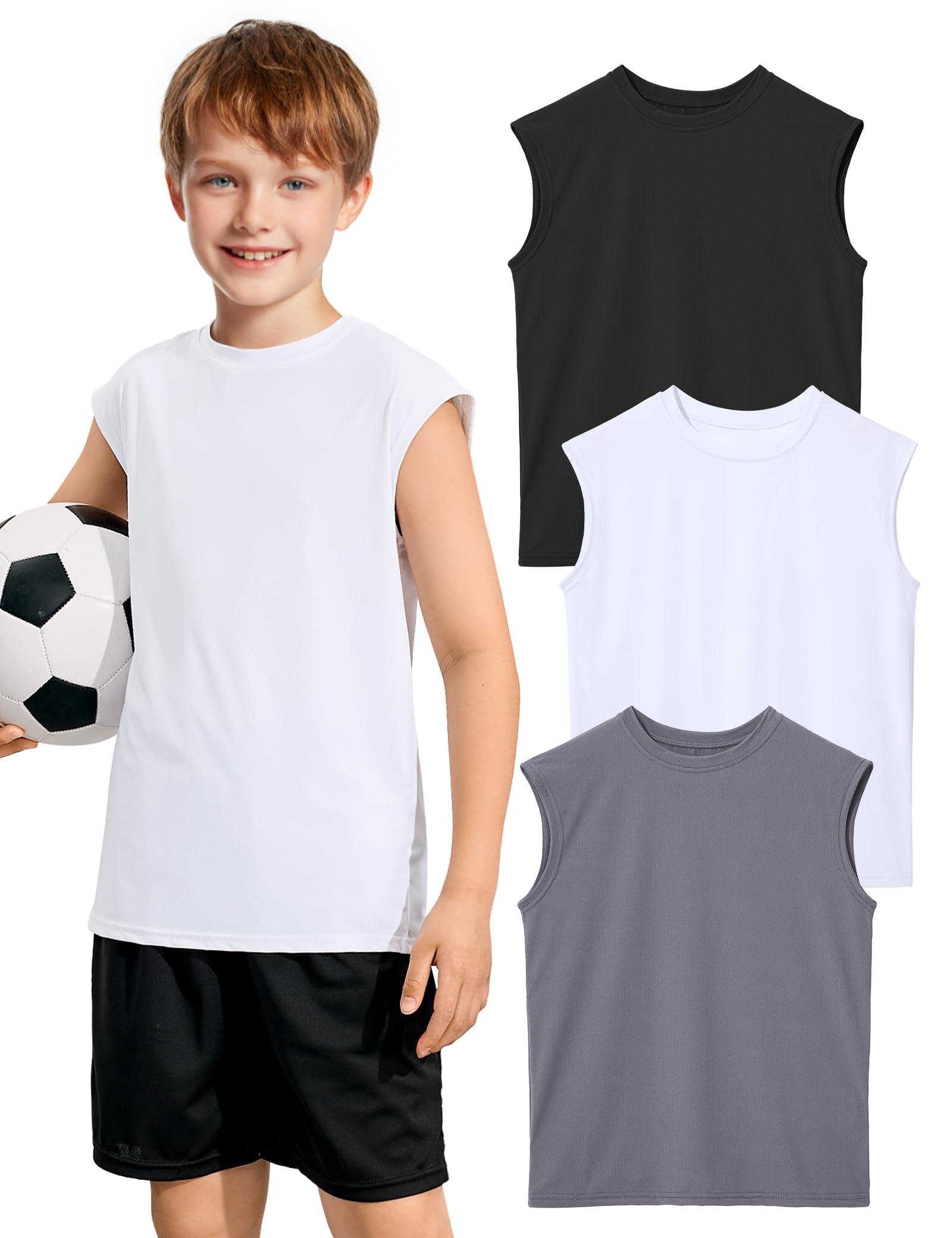 Somaibo 3 Packs Boys Athletic Tank Tops Breathable Mesh Undershirts Quick Dry Sleeveless Muscle T-Shirts for Kids