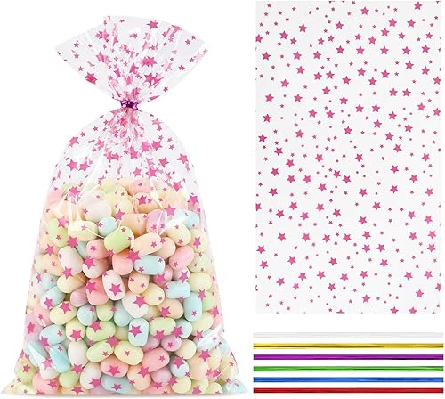 Miniatura 190 de COQOFA 100 bolsas de regalo de estrella rosa de 7 x 12 pulgadas, bolsas de regalo de celofán, bolsas de regalo de fiesta, bolsas de plástico Rosado