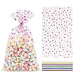 COQOFA 100 Pcs Pink Star 5X11 Gift Wrap Cello Cellophane Treat Bags Clear Candy Cookie Goodie Storage Bags with Twist Ties for Baby Shower, Gender Reveal, Birthday, Wedding, Party Decorations (Pink)