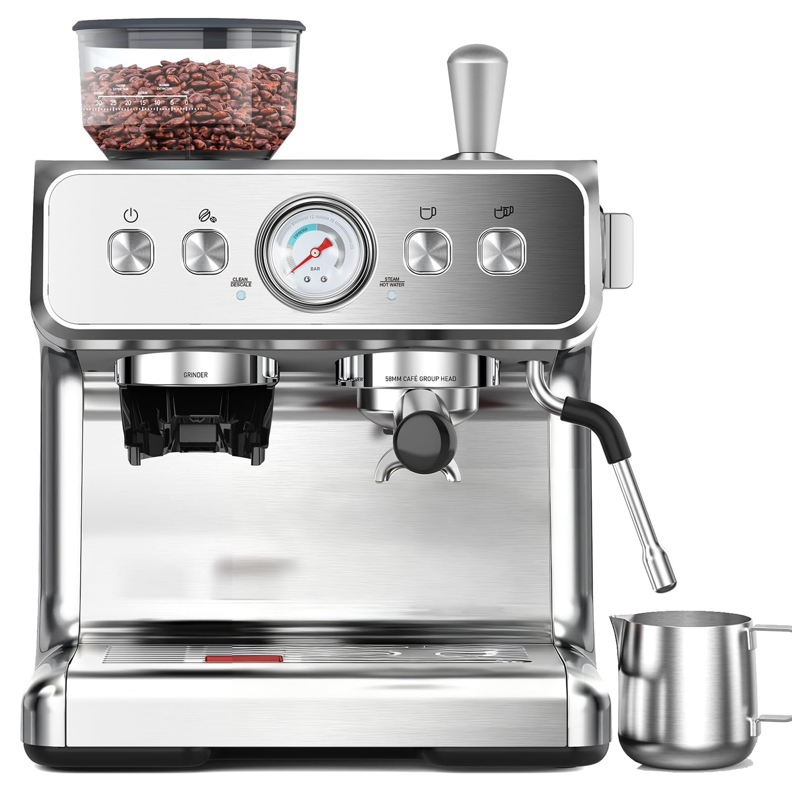 Front view of the COWSAR 15 Bar Espresso Machine, showing the control panel, portafilter, and steam wand.