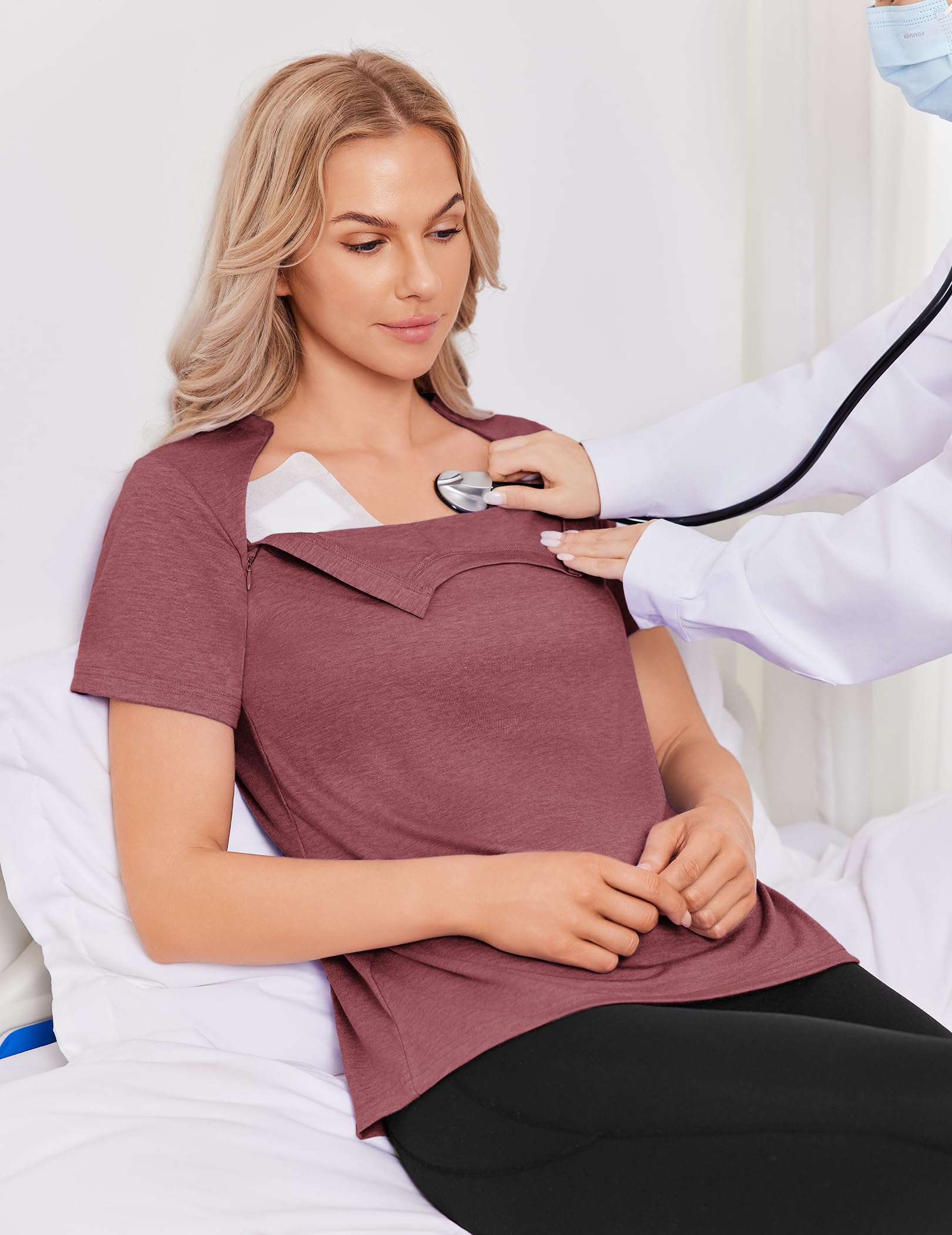 Deyeek Chemo-Shirts für Damen mit Dialyse-Port-Zugangs-Reißverschlüssen kurzärmelig adaptive Kleidung