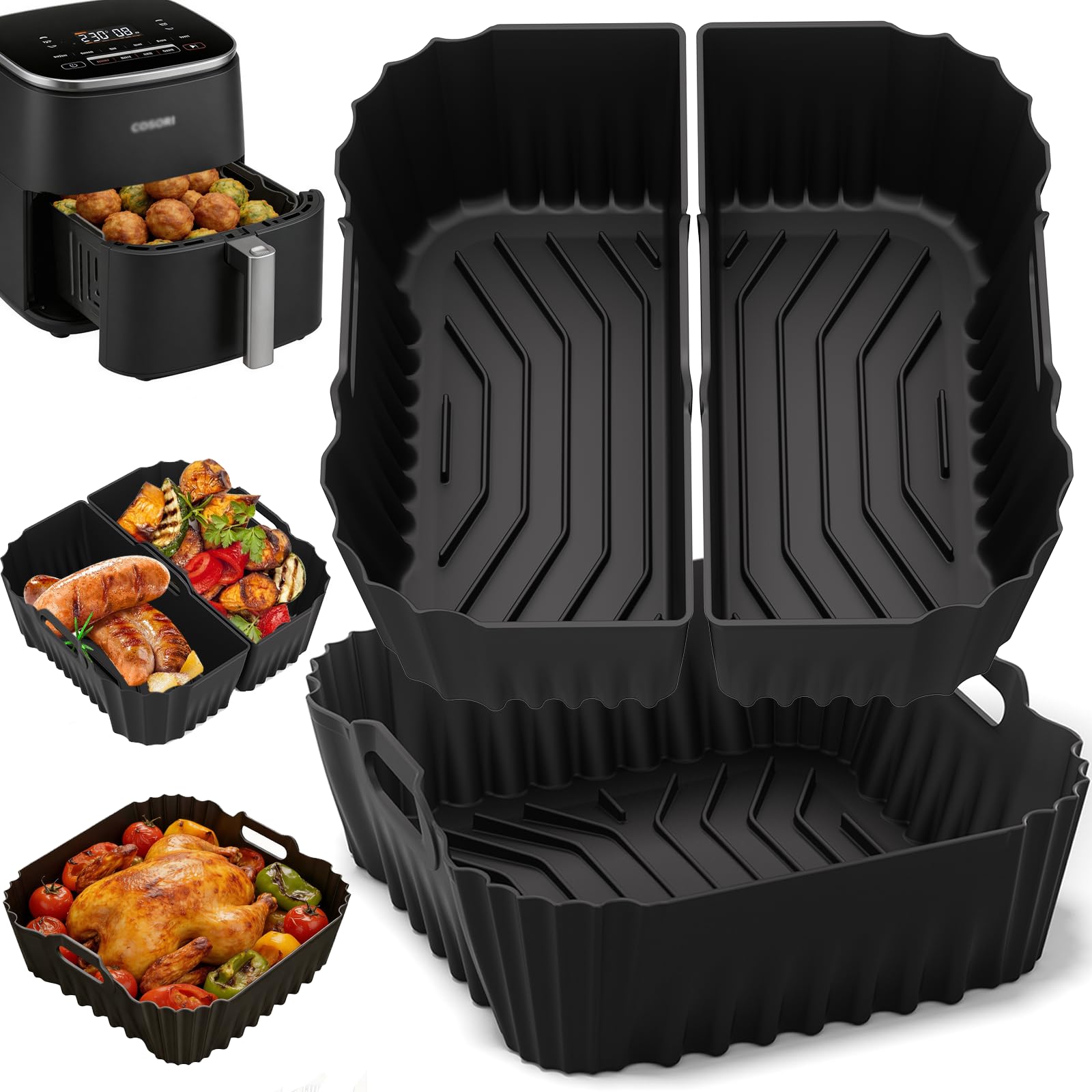 Molde Silicona Freidora de Aire para Cosori Turboblaze 5.7L/6L/6.2L/6.4L, Molde Air Fryer Reutilizable Cesta Silicona Accesorios Recipientes Cuadrado, Escurre el Aceite, Apto para Lavavajillas