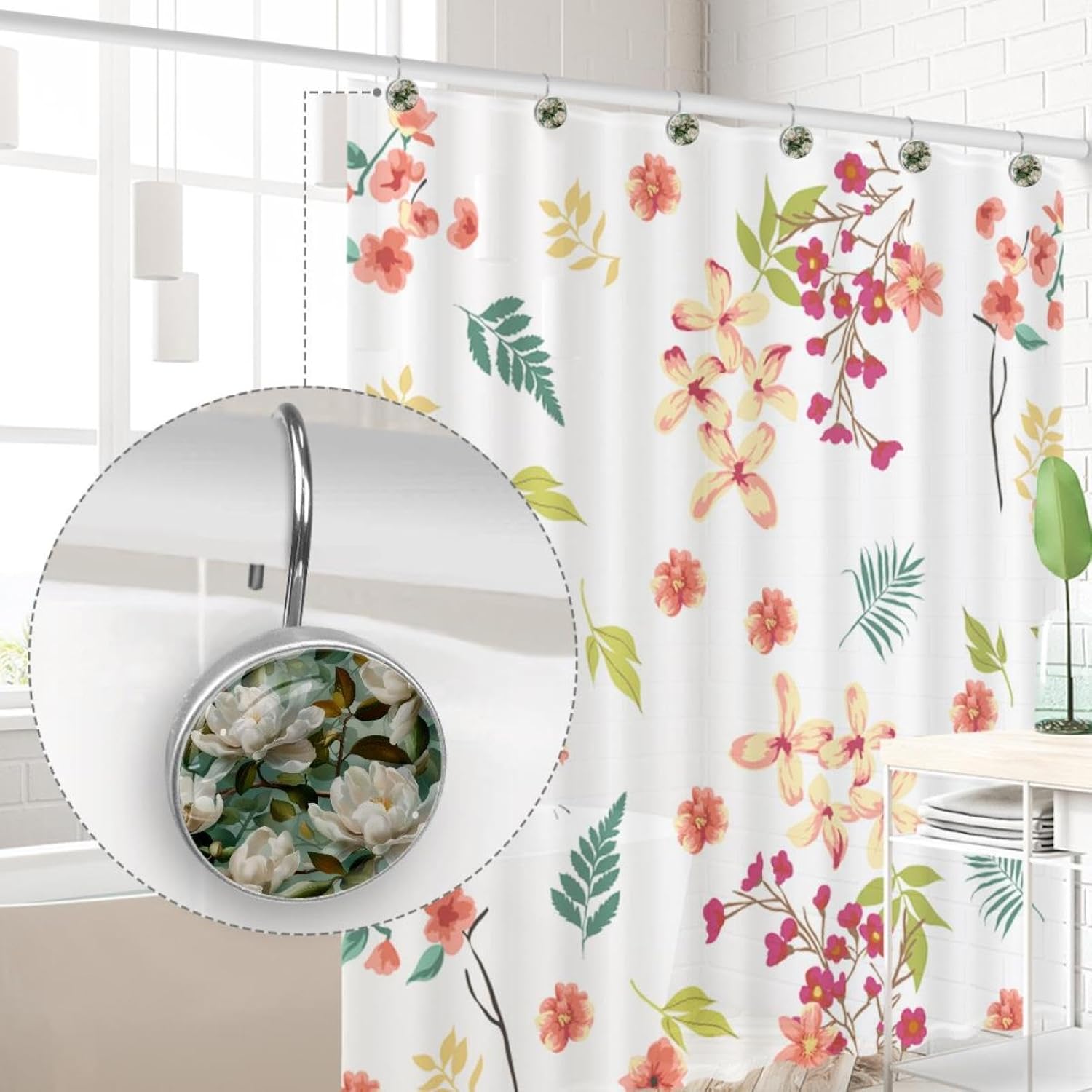 White Magnolias Shower Curtain Hooks, Rustproof Shower Curtain Rings for Bathroom, Metal Decorative Shower Curtain Hooks Hangers for Shower Curtain Rod, Set of 12 Round Shaped