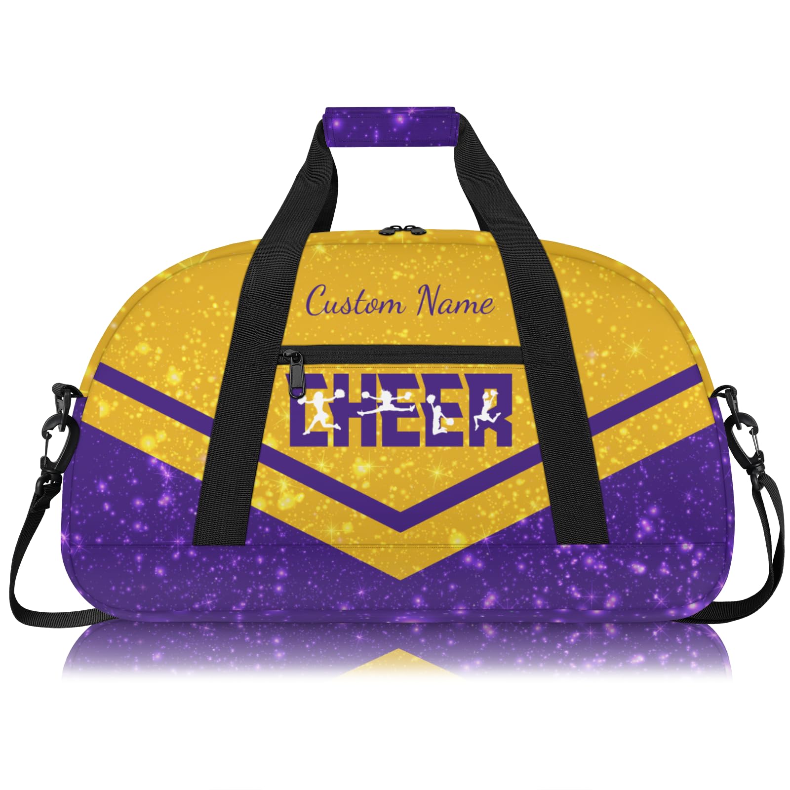 Personalised Cheerleading Duffel Bag for Girls | Custom Name Waterproof Sports Bag for Cheer, Gym & Travel | Cheerleader Team Gifts Bag with Adjustable Shouler Strap, Glitter Dark Yellow Purple