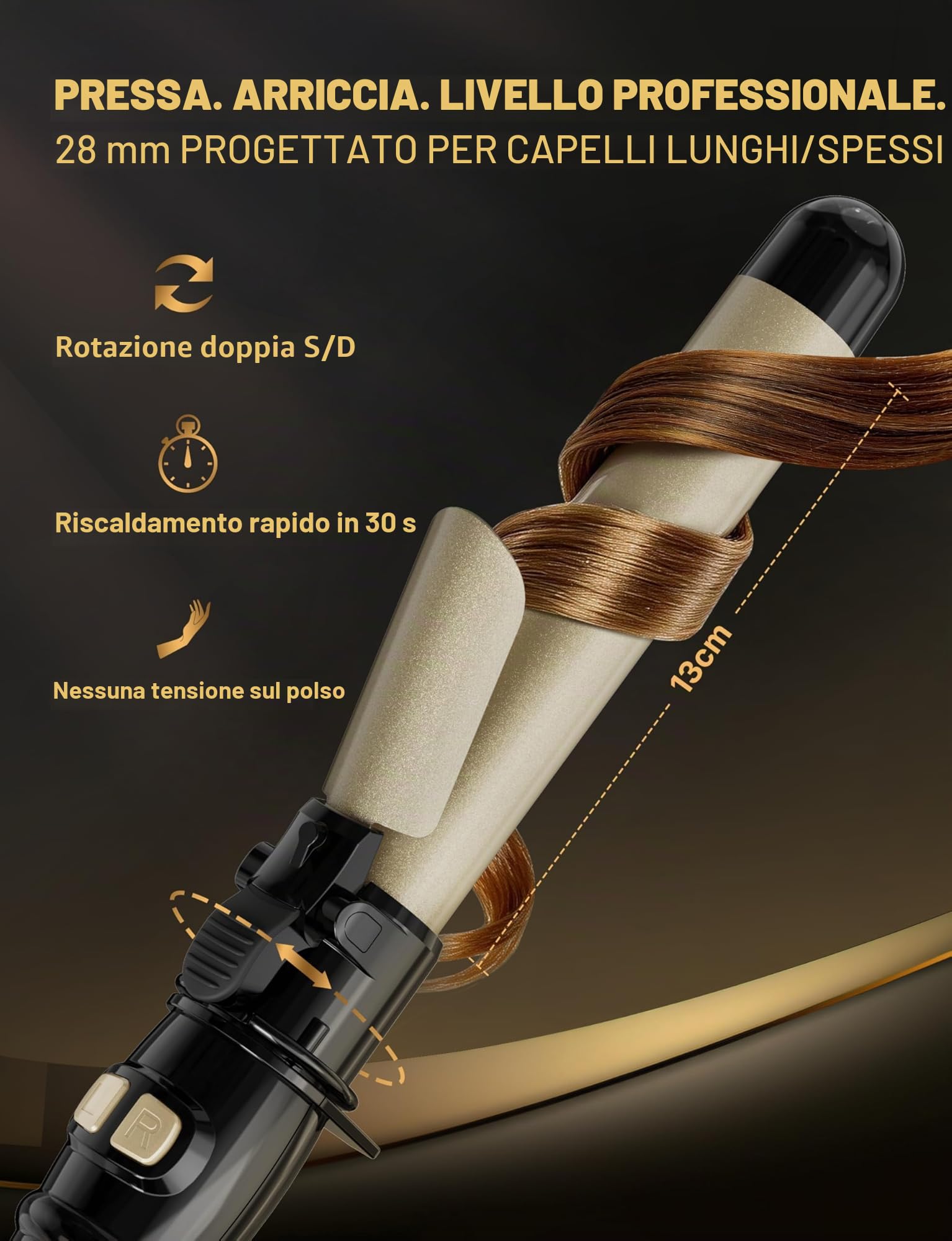 Ferro Arricciacapelli Automatico 28mm – Ferro Per Capelli Professionale Onde Larghe Con 14 Livelli Di Calore (100 – 230 °C), Display LED, Riscaldamento Rapido 30s, Spegnimento Automatico