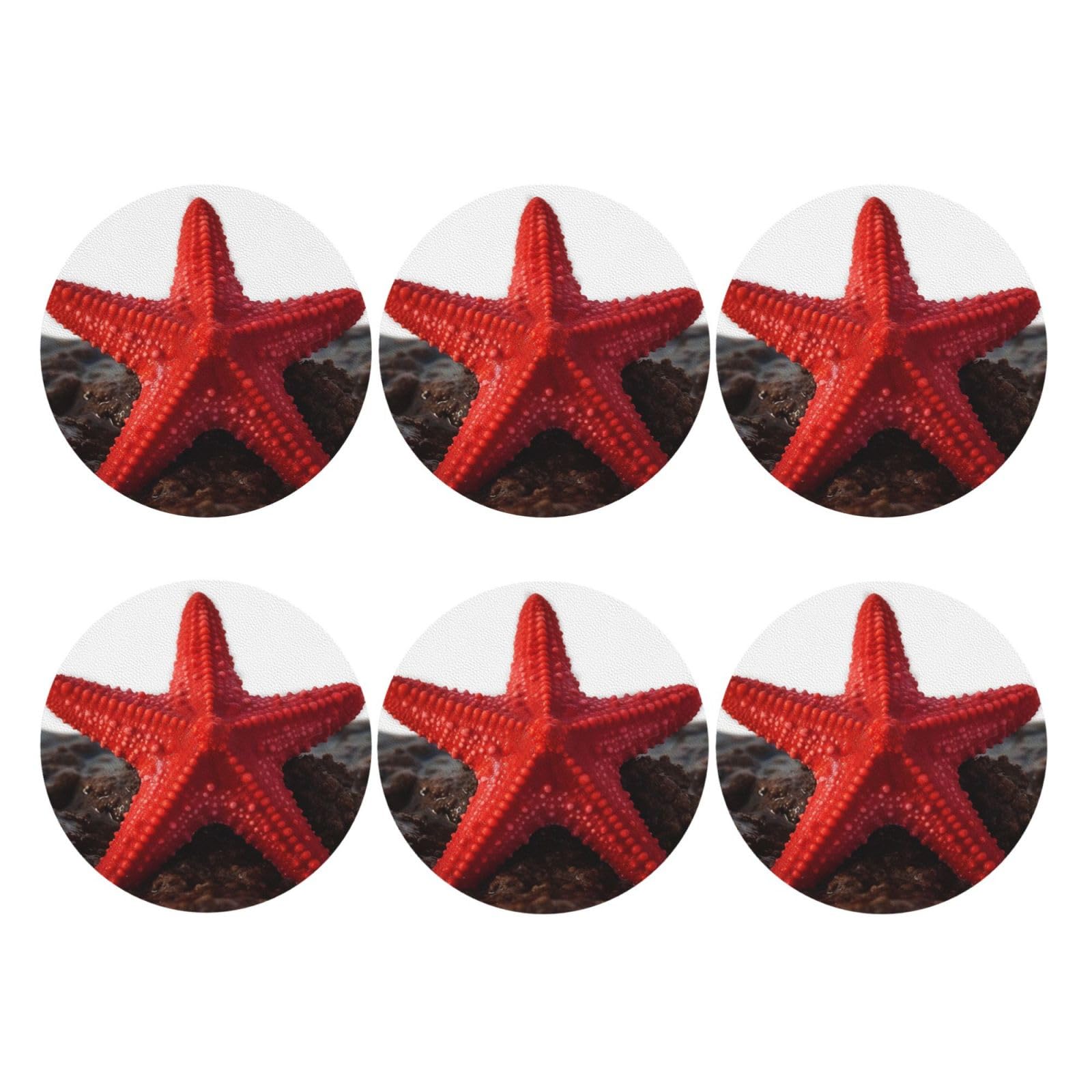 6pcs Leather Coasters for Drinks, Red Starfish Drink Coasters for Tabletop Protection, 4" Cup Coasters for Coffee Table Decor, Non-Slip Drinking Cup Mat for Hot Or Cold Drink