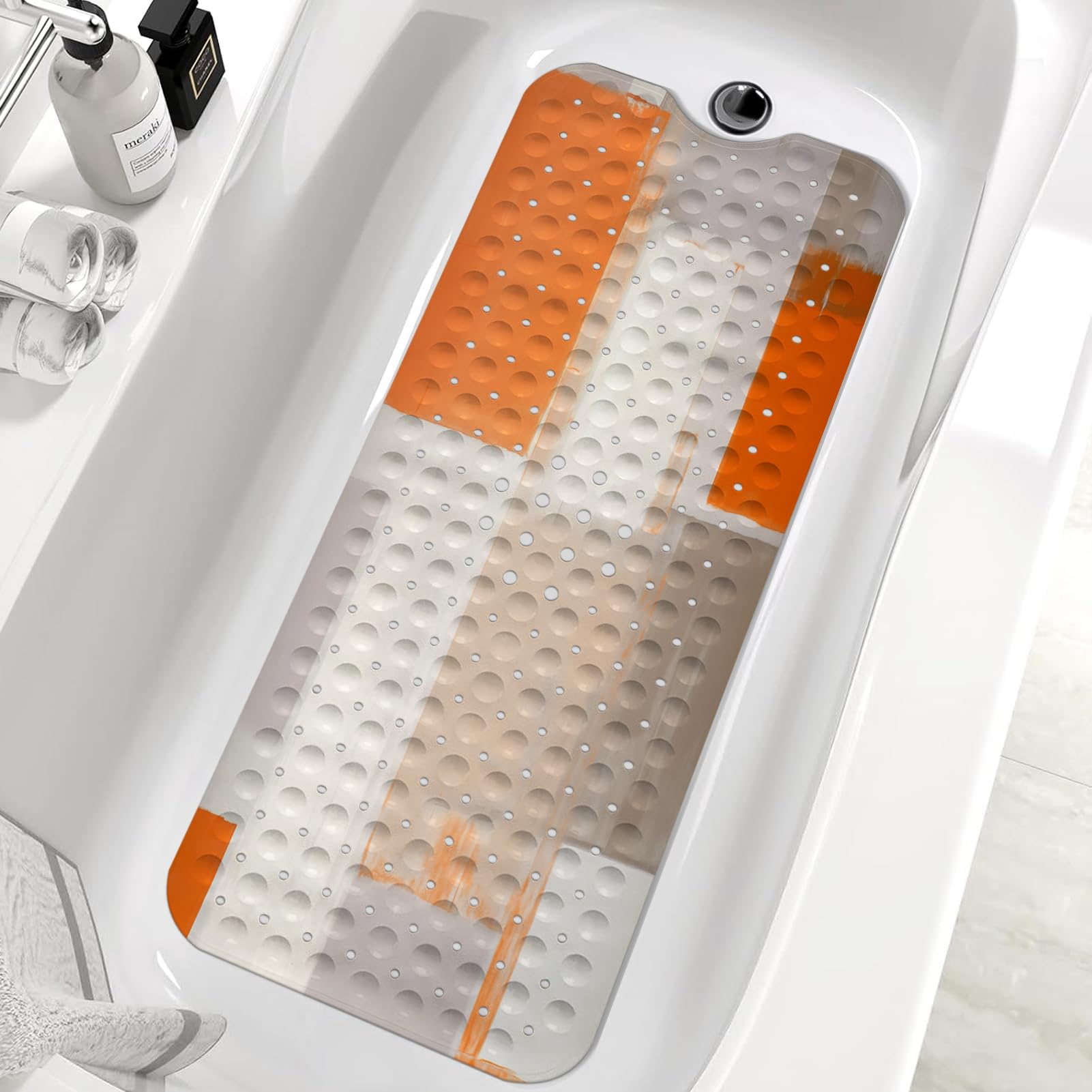 KINUUIS Bath Tub Mat Non Slip, Abstract Non Slip Bath Mat for Shower, Large Washable Shower mats for Showers with Drain Holes and Suction Cups,40 X 16 Inch (Orange Grey Abstract)