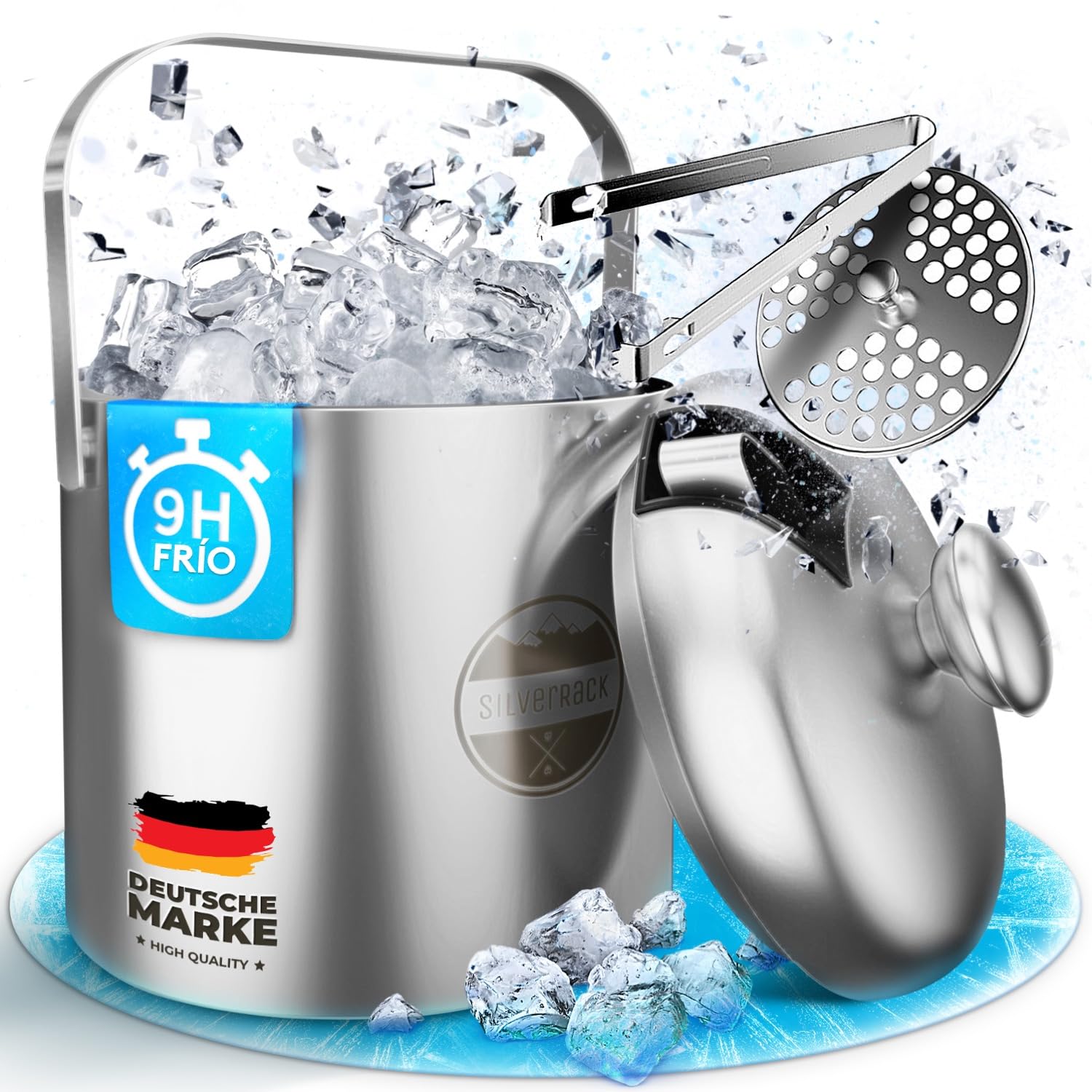 SilverRack Cubitera de acero inoxidable con pinzas y tapa (1,3 l) – Contenedor de hielo para cubitos de hielo y frutas, ideal para fiestas y bodas – Cubitera de hielo
