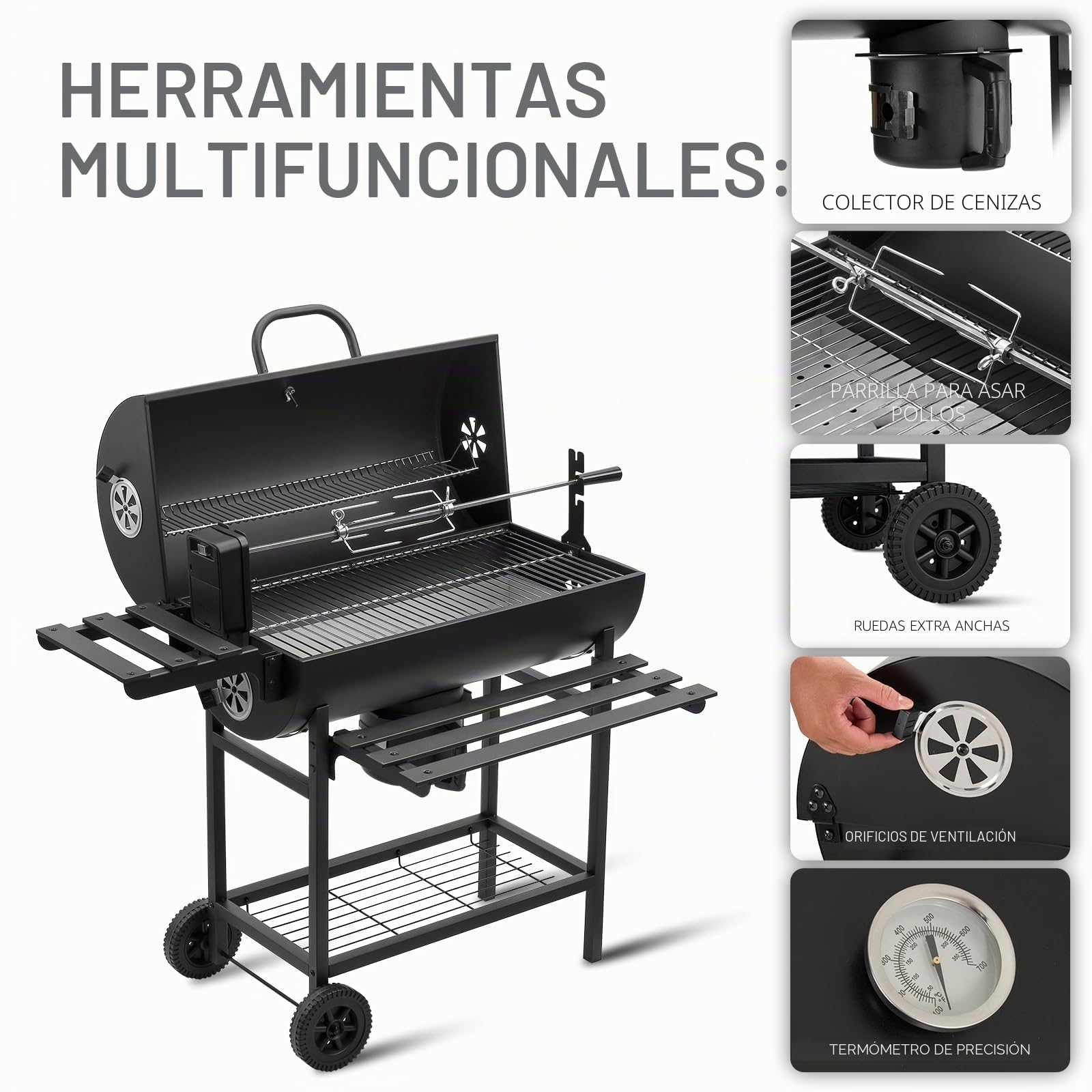 TEENO Barbacoa de carbón de madera Upgraded | Parrilla de carbón con tapa | Termómetro, cajón de ceniza, guantes antiquemaduras, ventilación ajustable | with 2*apron and Chicken Grill
