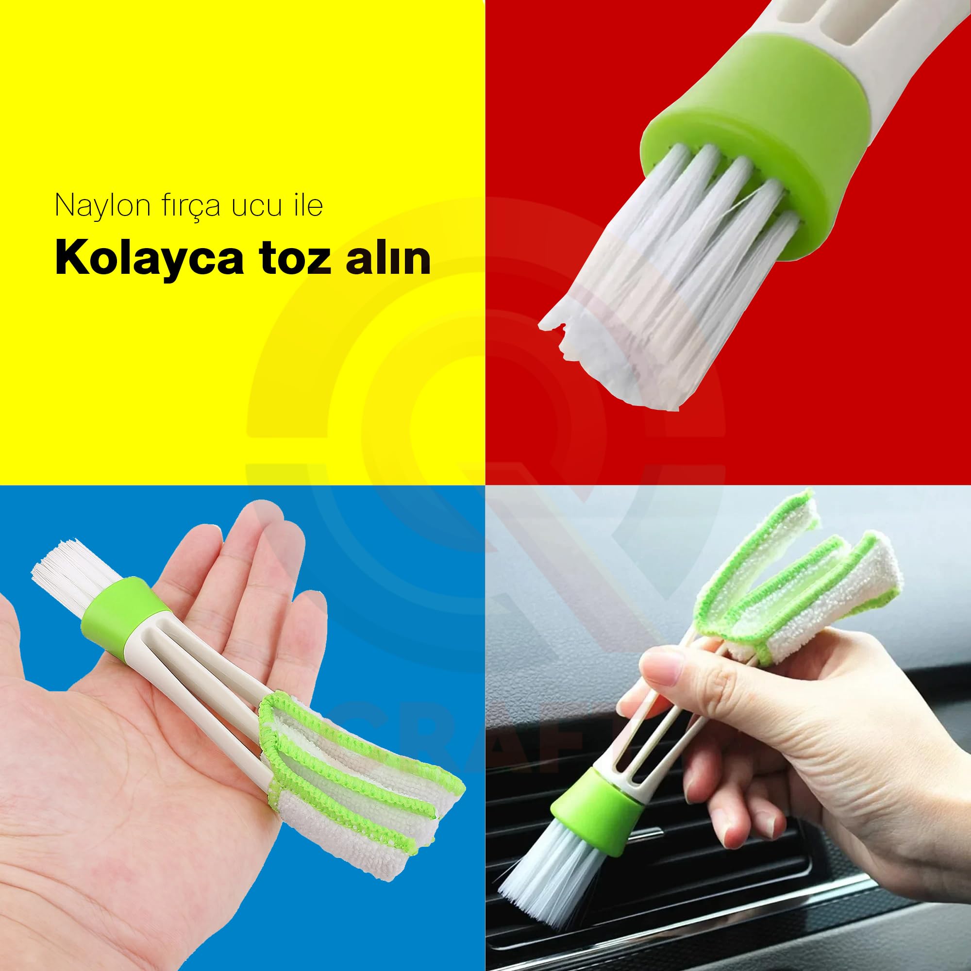 QCraft 5 Parça Araç İçi Temizlik Fırça Seti ve Yeşil Araç Havalandırma Temizleme Fırçası Hediyeli Detaylı Otomobil İç Temizlik Kiti