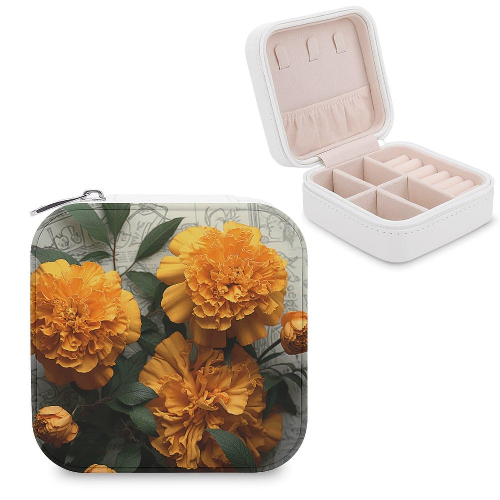 VstaDank Marigold Travel Jewelry Case Zipper Portable Small Jewelry Box Custom Pu Leather Mini Traveling Jewelry Organizer for Rings Earrings Necklace Bracelet Girls Women