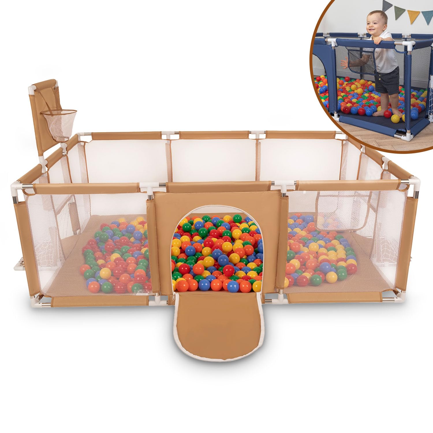 Selonis Recinto Per Bambini Con 900 Palline 6 Cm, Playground Box, Beige: Giallo/Verde/Blu/Rosso/Arancione