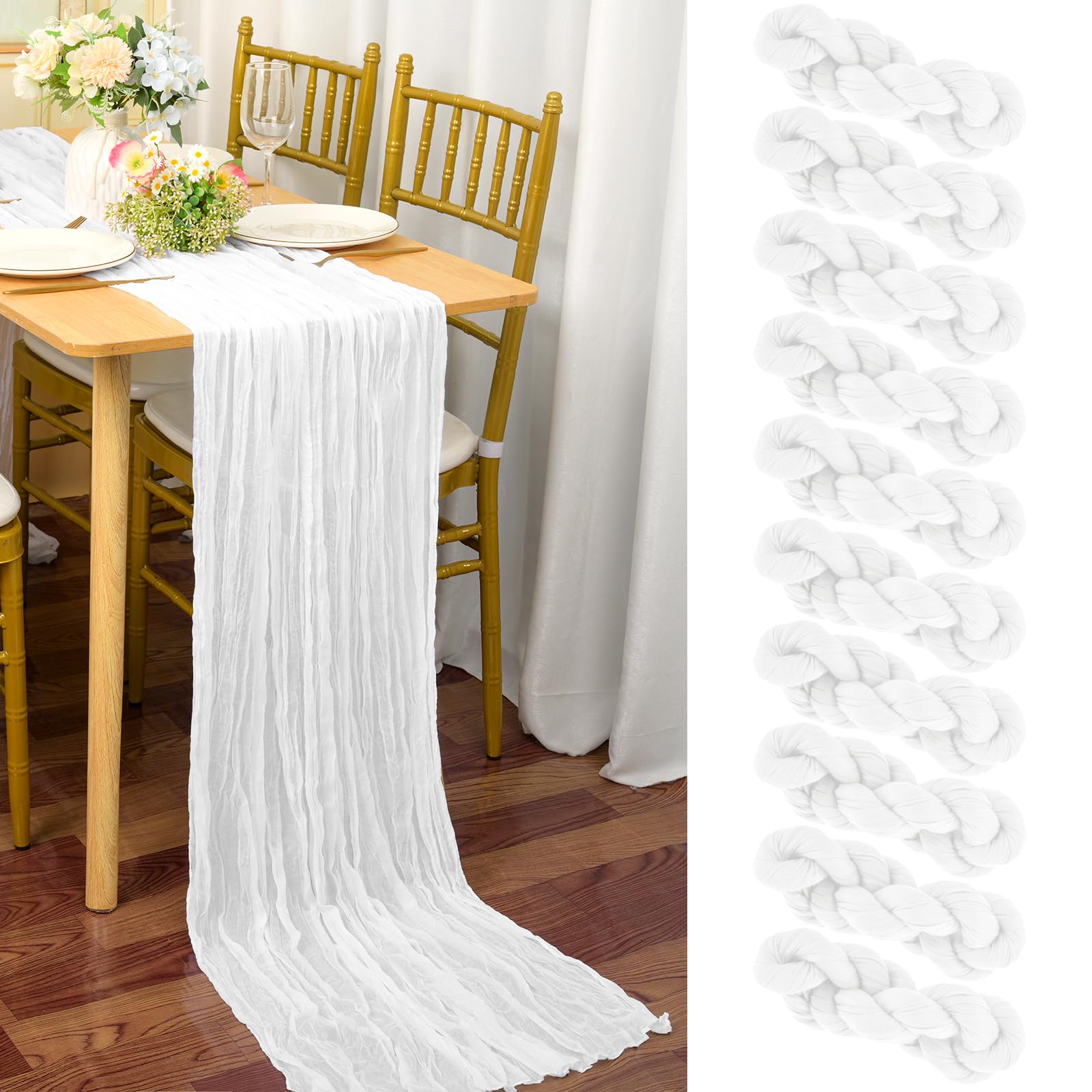 YMHPRIDE 10 Packs White Cheesecloth Table Runner, 90x300cm Rustic Gauze Fabric Boho Table Runner, Cheesecloth Wedding Table Decor for Wedding Party Bridal Shower Table Decorations — image 1