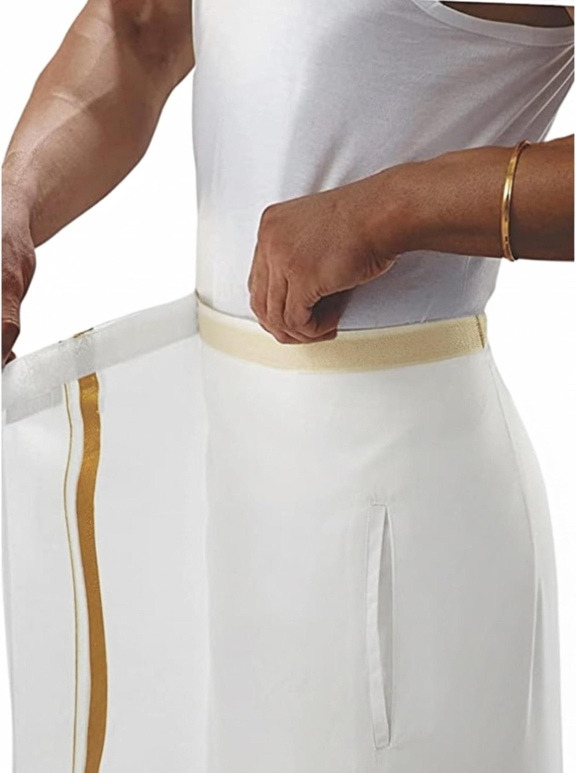 RAGINI RV Cotton Mens Velcro Pocket Dhoti/Mundu - Jari Cotton Single Pocket (All Size)