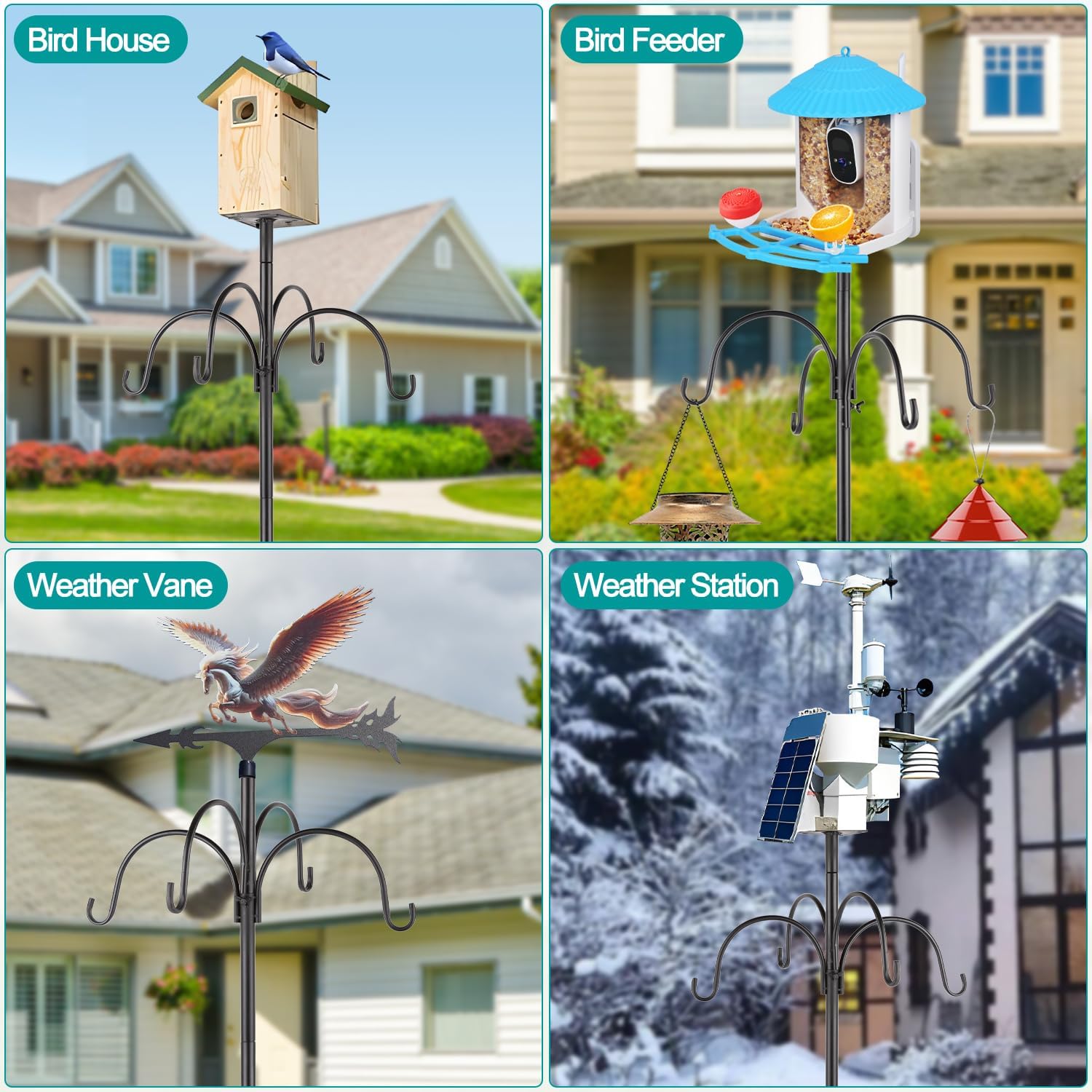 4-Hook Shepards Hooks for Outdoor,90 Inch Bird Feeder Pole with 5 Prongs Base|Metal Tray&Birdhouse Platform,Heavy Duty Garden Hooks for Hanging Plant Baskets,Solar Light Lanterns,Wind Chimes
