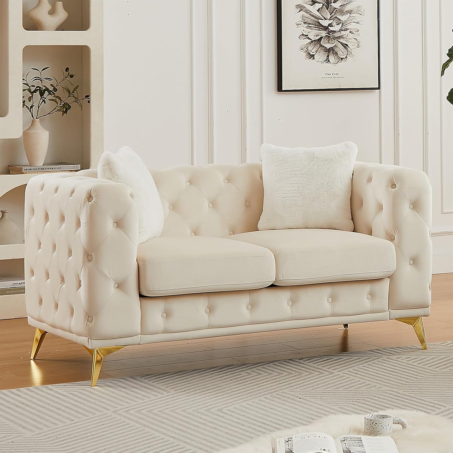Antetek 61.25-inch Loveseat Sofa, Chesterfield Vintage Mid Century Modern Velvet Fabric Upholstered Button Tufted Deep Seat Sofa Couch with 2 Throw Pillows for Living Room Office Apartment, Beige