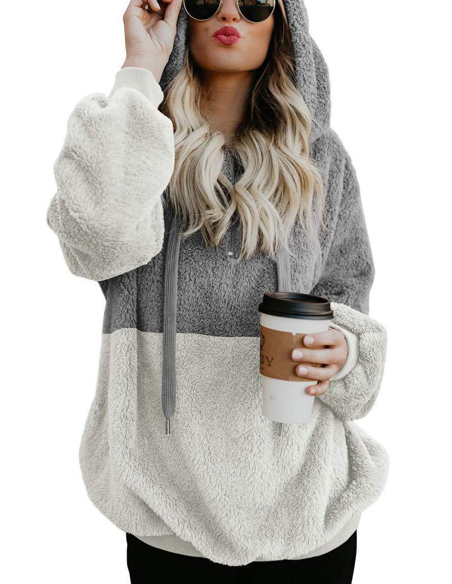 ECUPPERWomens Fleece Jumpers Sherpa Hoodies Pullover Zip Fuzzy Sweatshirt Outwear