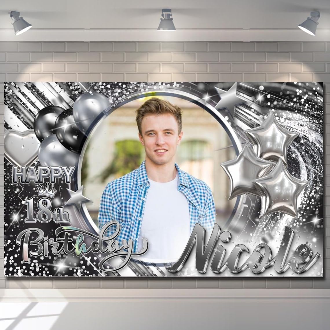 Personalised Happy Birthday Banner Backdrop Photo Black Silver Customised Celebration Poster Fabric boy girl kid woman man Party Decorations-18th 20th 30th 40th 50th 60th 70th