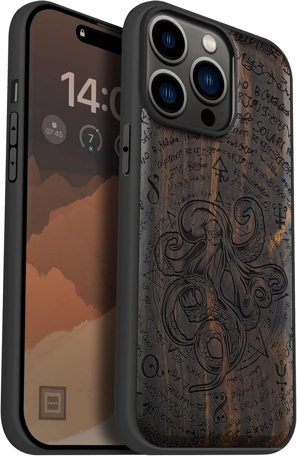 Carveit Magnetic Wood Case for iPhone 14 Pro Max [Natural Wood & Black Soft TPU] Shockproof Protective Cover Unique Wooden Case Compatible with magsafe (Octopus of Old Manuscript -Blackwood)