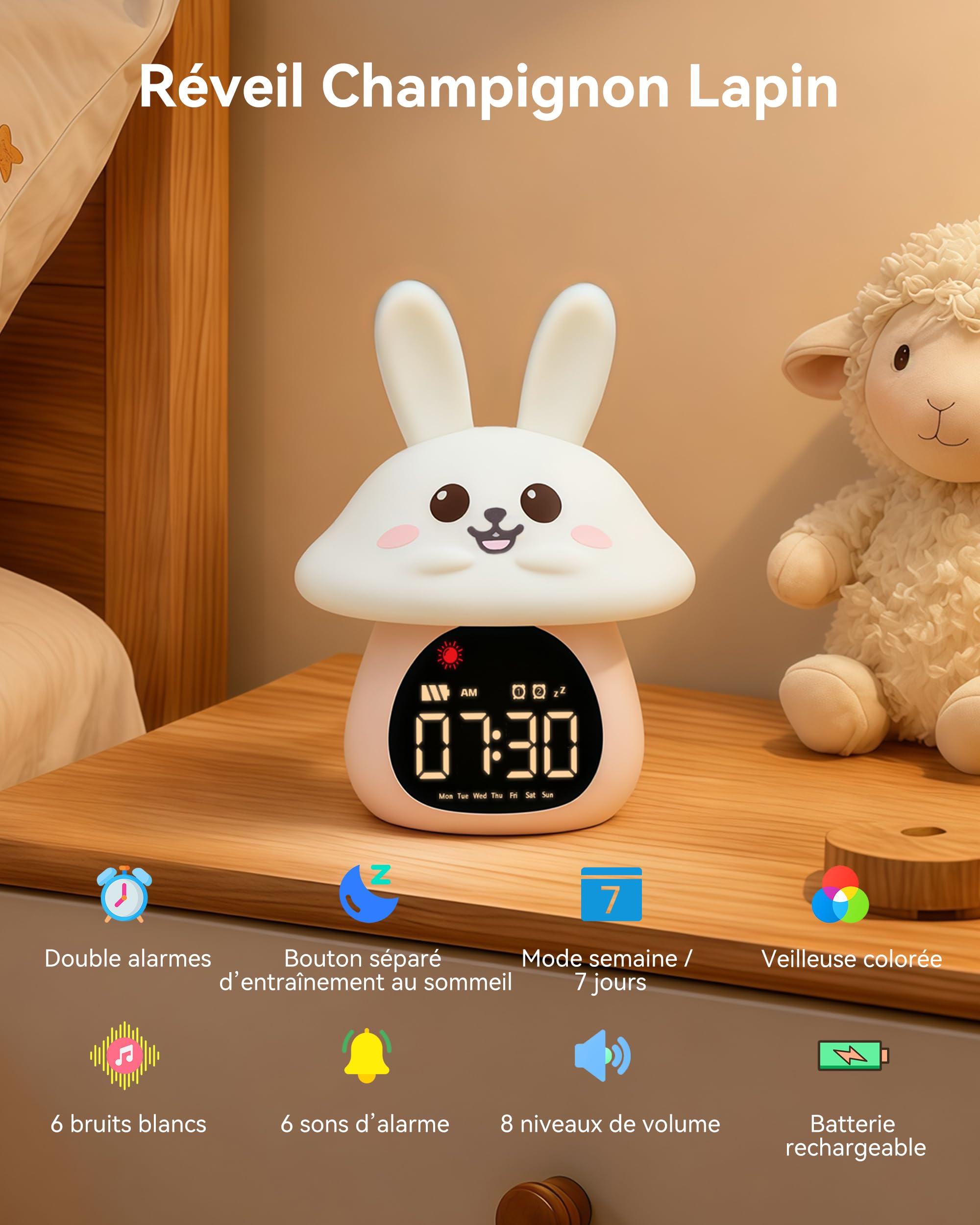 Yiliaw Réveil Enfant Éducatif Jour/Nuit Lumineux en Silicone avec Veilleuse – Horloge avec Lumière Apaisante, Idéale pour Garçons et Filles, Parfait pour Chambre d’Enfant, Lapin Champignon