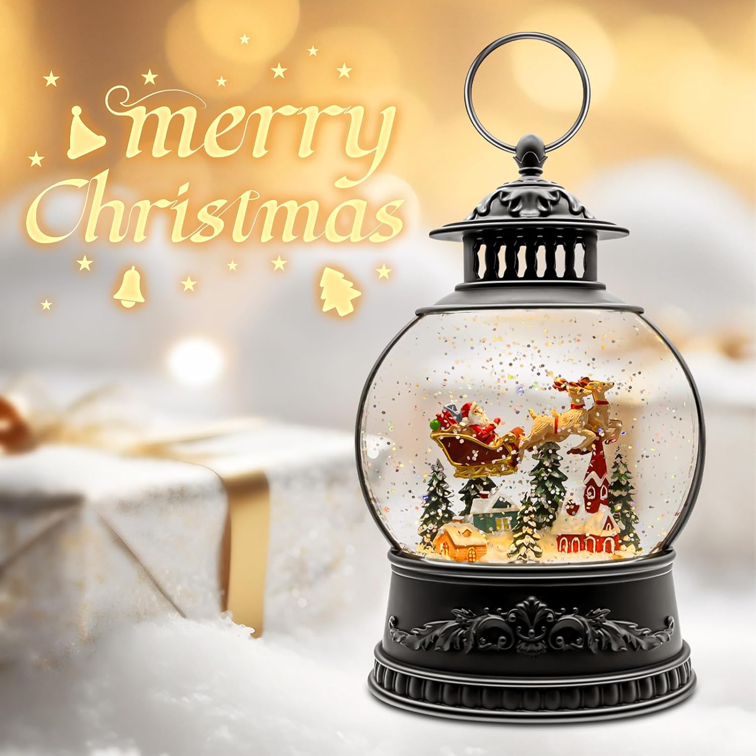 Christmas Snow Globe Lantern, Oval Musical Glitter Water Dome with Santa Sleigh & Reindeer, Lighted Snowfall, 6H Timer, USB or Battery Powered Holiday Décor - Image 3