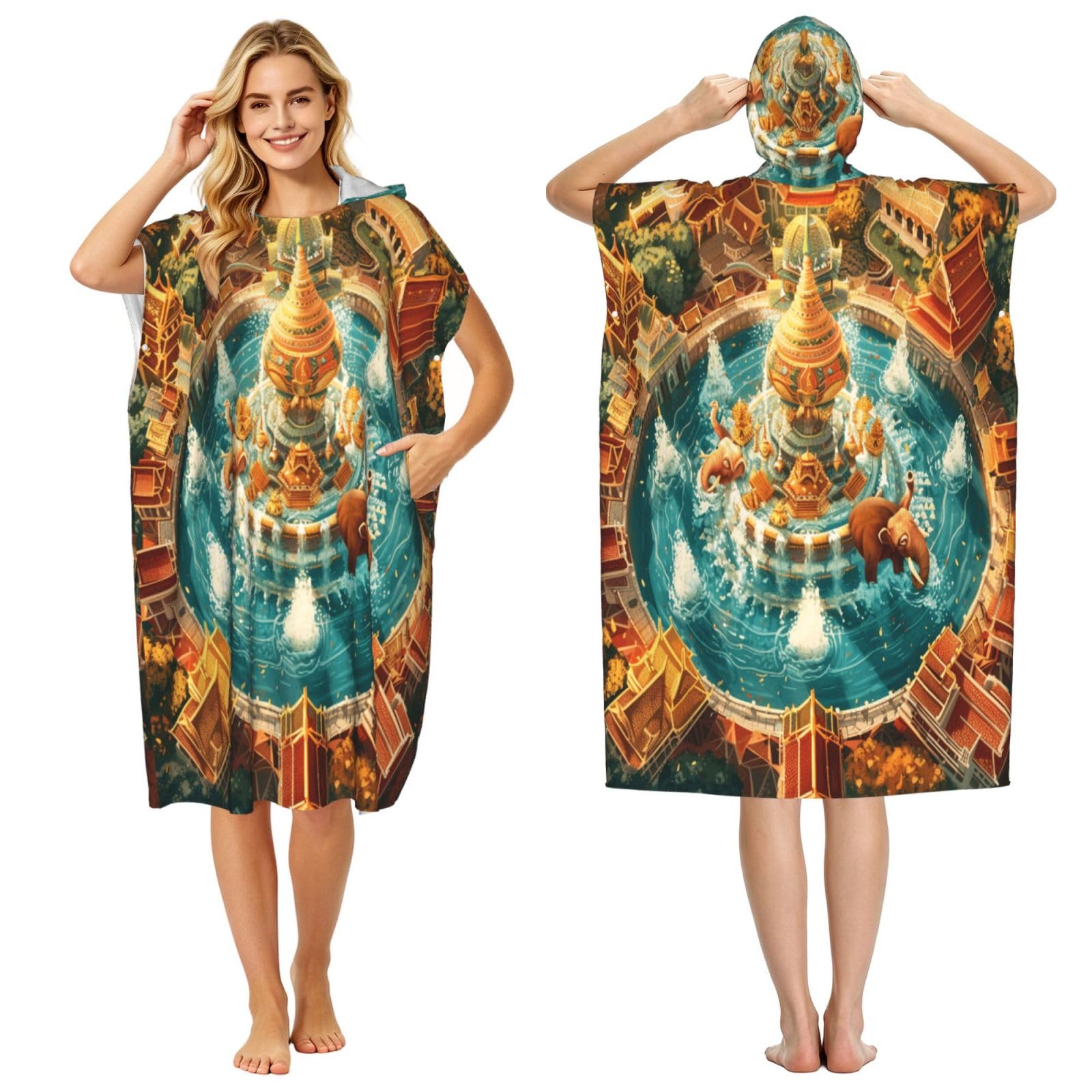 DTHKJNLSF Songkran Festival Adult Hooded Beach Poncho Towel