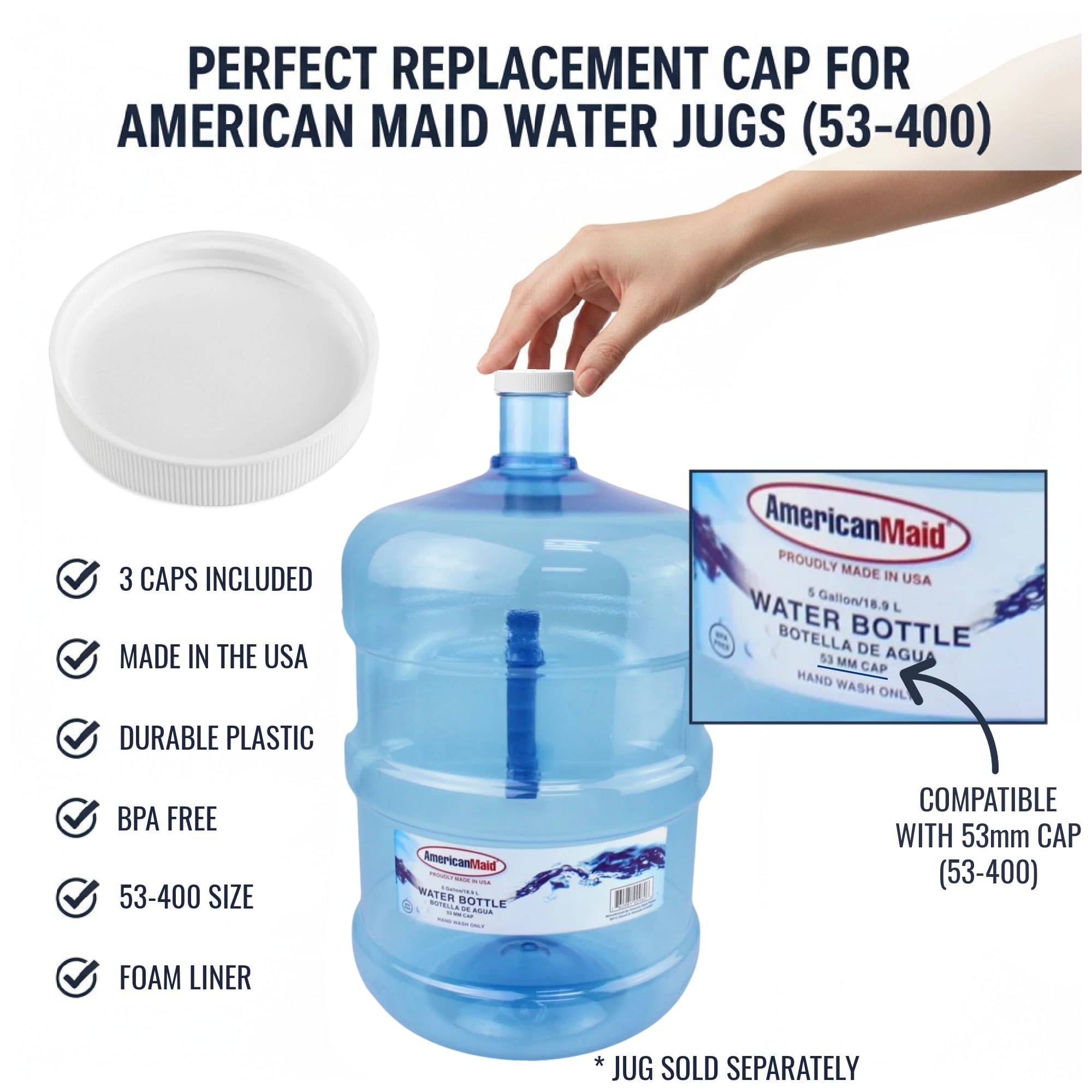 53mm Threaded White Screw-On Caps Lids For 3 & 5 Gallon Water Jugs - Leak-Proof, Food-Grade (6 Pack)