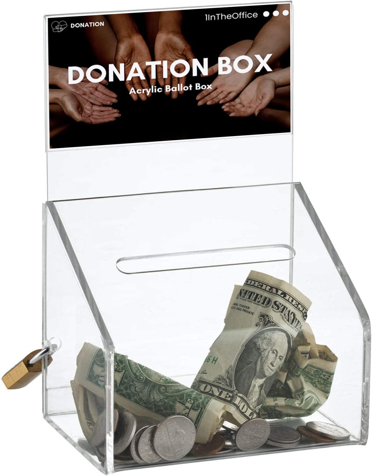 1InTheOffice Acrylic Donation Box with Lock, Clear Tip Jar, 5 Inch Wide