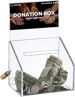 1InTheOffice Acrylic Donation Box with Lock, Clear Tip Jar, 5 Inch Wide