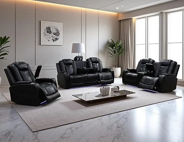 Anthato Power Recliner Sofa Set, Living Room Furniture Sets, Leather Reclining Sofa Set, 3PCS Recliner Couch Loveseat and Chair with Storage/Cup Holders/Charging Port for Home Theater/Office, Black