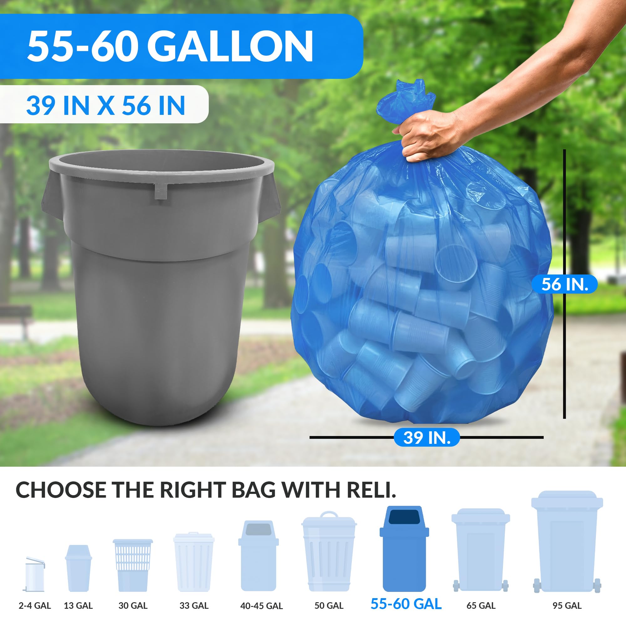 Reli. SuperValue Worki do recyklingu 150–150 l, luzem, wyprodukowane w USA, niebieskie worki na śmieci 127 l, 150 l, duże, niebieskie worki na śmieci 150 l, wytrzymałe worki na śmieci