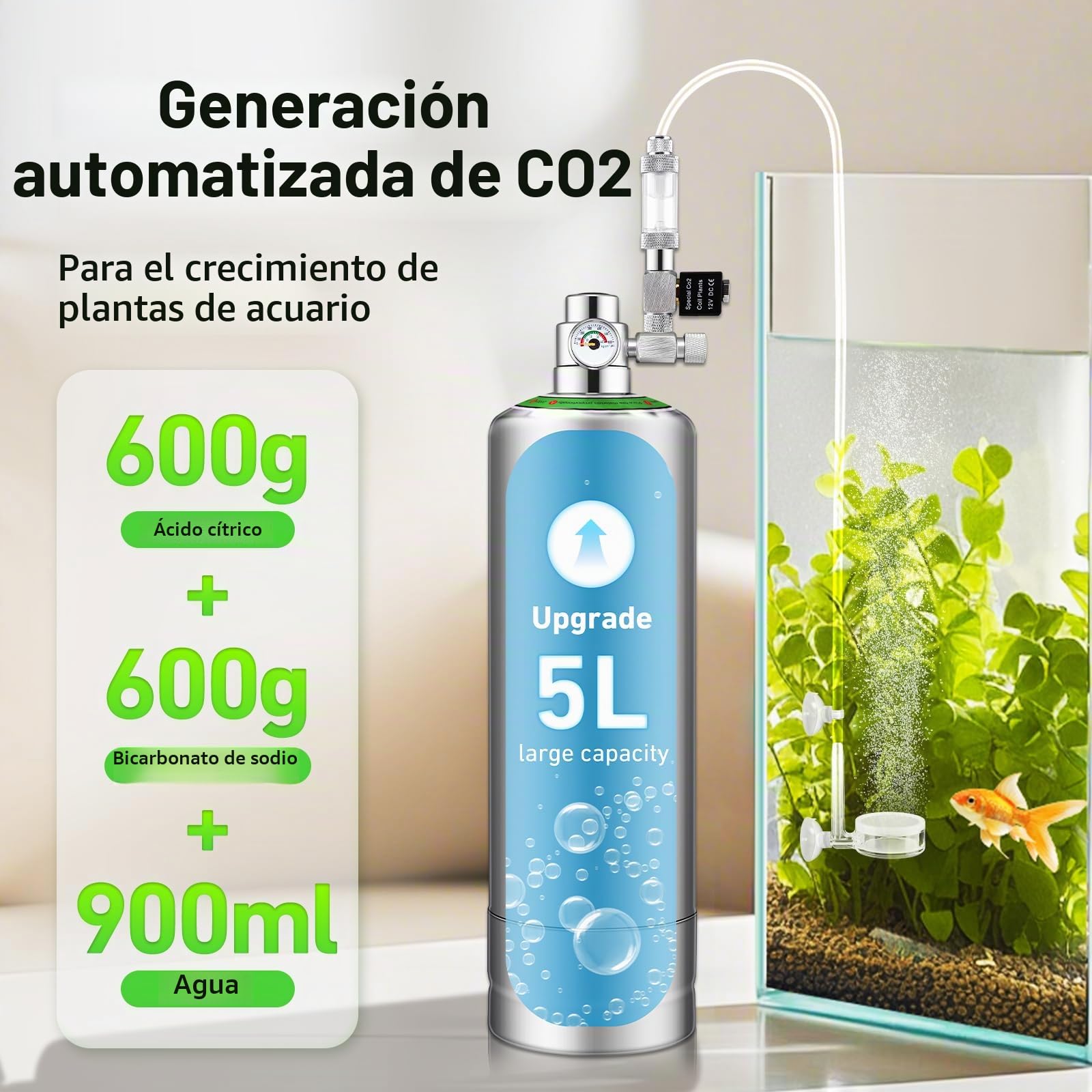 5L Sistema Generador co2 Acuario, Kit Reactor Dióxido para Tanque 60L-300L | co2 reactor Carbono con regulador co2 Acuario, válvula de Aguja, solenoide y medidor de Burbujas, para Plantas de Acuario