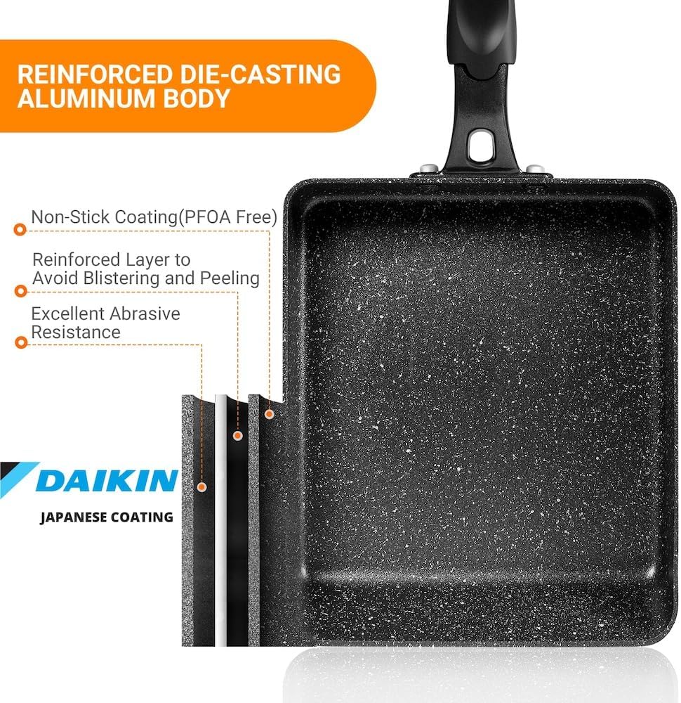 Tamagoyaki Pan - Japanese Egg Pan with Lid - Japanese Omelette Pan Rectangular - Rolled Omelet Nonstick Square Frying Pan - Tamago Cooking Pan Induction Compatible 7x6 - Image 3