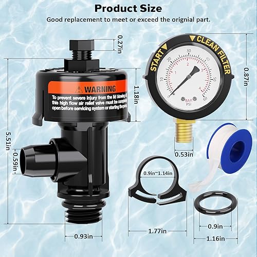 Miniatura 7 de Válvula manual de alivio de aire para filtros de piscina y spa, válvula de alivio de aire de filtro de piscina con reemplazo de manómetro de