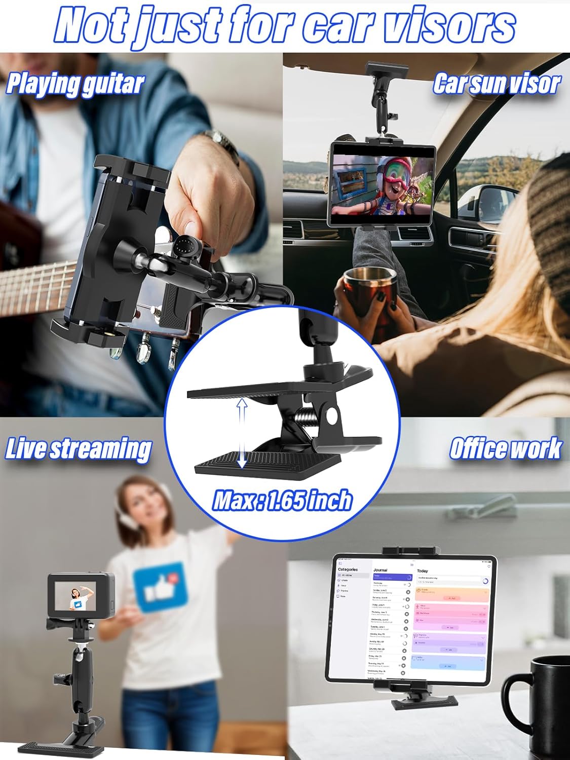 Car Tablet Holder for Sun Visor, 720° Rotatable Metal Tablet Mount Fit for 4-12.9" iPad & iPhone, Phone Visor Clip with 1/4'' Screw Compatible Cellphone, Galaxy Tab, Fire HD, Gopro, Camera