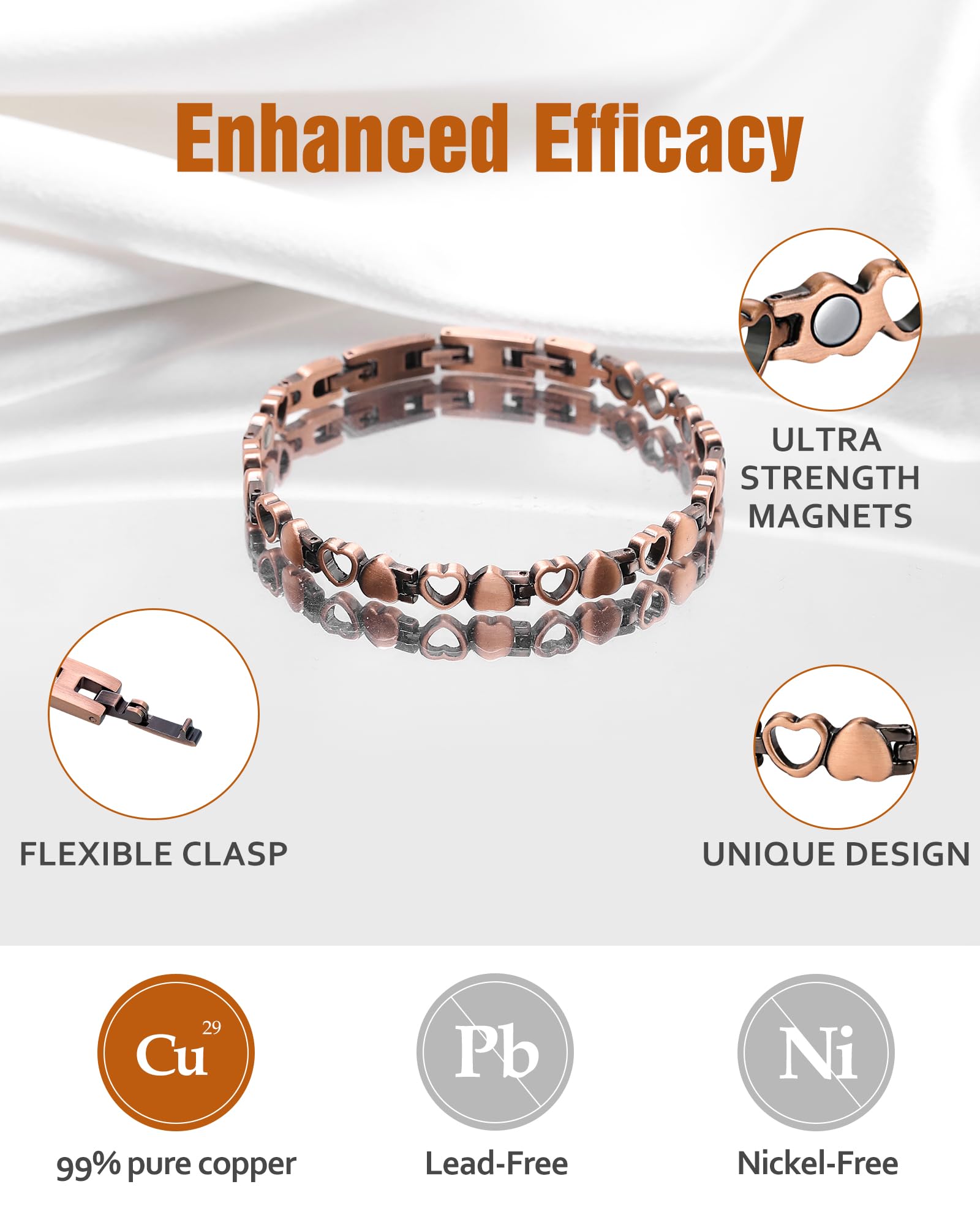 Jecanori Pulsera magnética de cobre puro 99,99% para mujer, ultrafuerte, con caja de regalo y herramienta de extracción