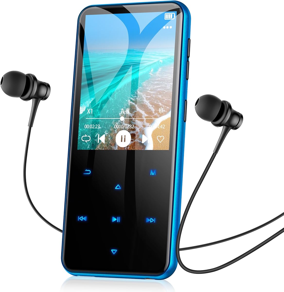 AGPTEK 64Go MP3 Bluetooth avec Haut-Parleur, 2.4" Grand Écran Lecteur MP3 en Métal Qualité Sonore HiFi Audio MP4 Baladeur Sport de Bouton Tactile Radio FM Podomètre Enregistreur 60H de Musique-Bleu
