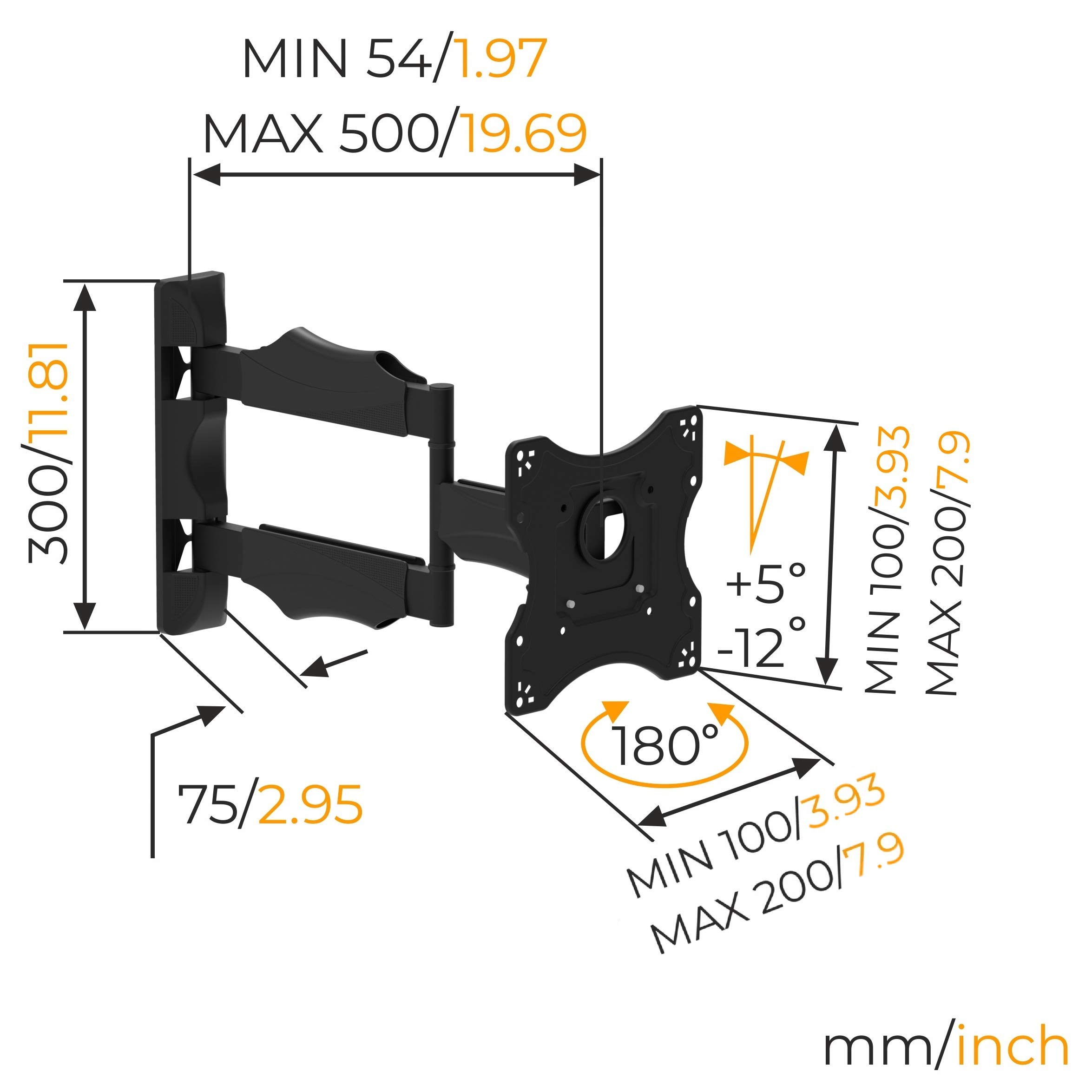 NANOOK Supporto da parete girevole per TV da 19-43 pollici | Inclinabile | Supporto da parete per televisori LCD, LED, QLED e OLED | Compatibilità universale | VESA da 100x100 a 200x200 | Nero