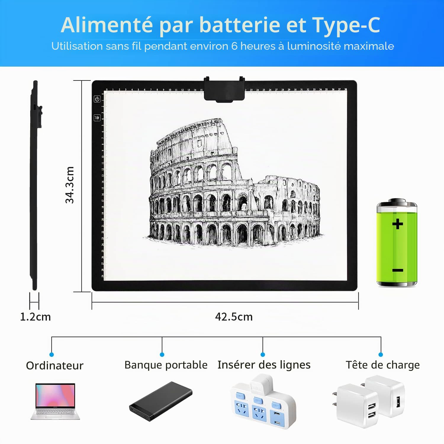 Tablette lumineuse a3 rechargeable avec sac&Support, 3 couleurs dimmables et 6 niveaux de gradation table lumineuse a3 pour le dessin, diamond painting, la peinture, la visualisation aux rayons X