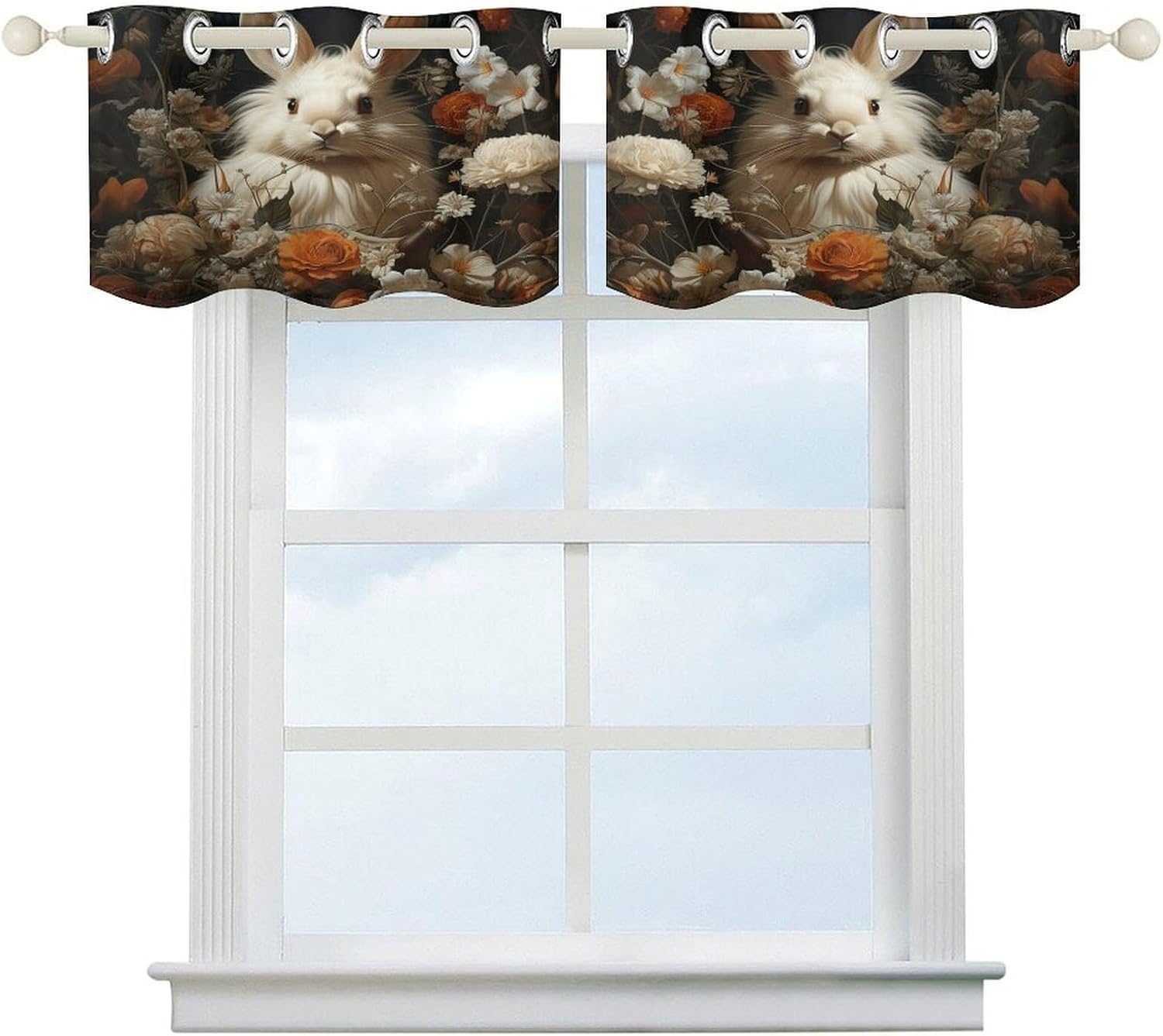Rabbit and Flowers 2 Pack Valance Curtains Window Treatments. Adjustable Curtain with Rod Pocket.Cafe Curtains is Half Curtains for Privacy Decorative 52x18.1 Inch.