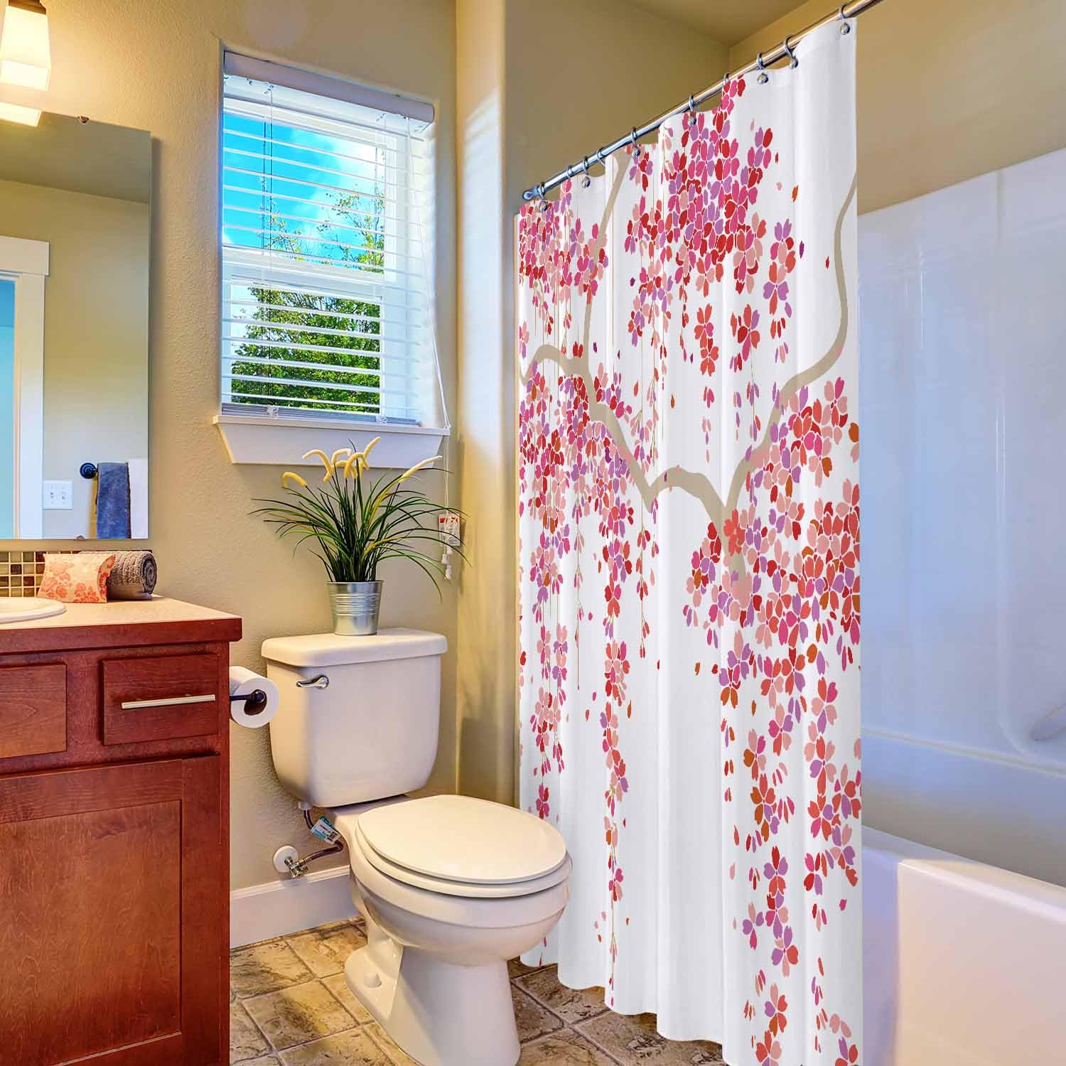 Woutay Shower Curtain Water Repellant Fabric Red Flower Tree,Mould Proof Resistant,Polyester,with 12 Plastic Hooks - Image 4
