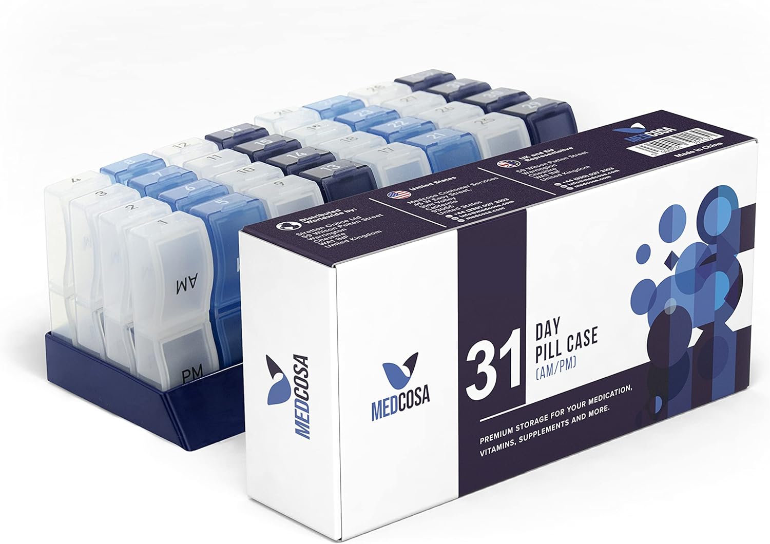 Medcosa - Pastillero para 31 días | Se acabó el rellenar las pastillas constantemente | Organizador mensual de medicamentos | Pastillero con 31 compartimentos para suplementos (AM y PM)