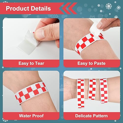 Miniatura 3 de 600 pulseras de papel a cuadros rojos para eventos, pulseras de papel impermeables de neón, bandas de mano de identificación adhesivas para