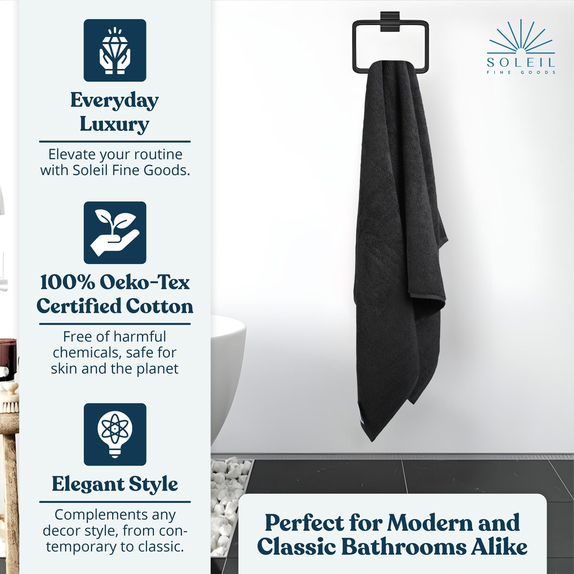 Soleil Fine Goods Juego de toallas de baño de 4 piezas, 800 g/m² de grosor y sin bordes, 27 x 54 pulgadas, toallas de baño 100 % algodón, altamente absorbentes, sensación de lujo pesada de alta