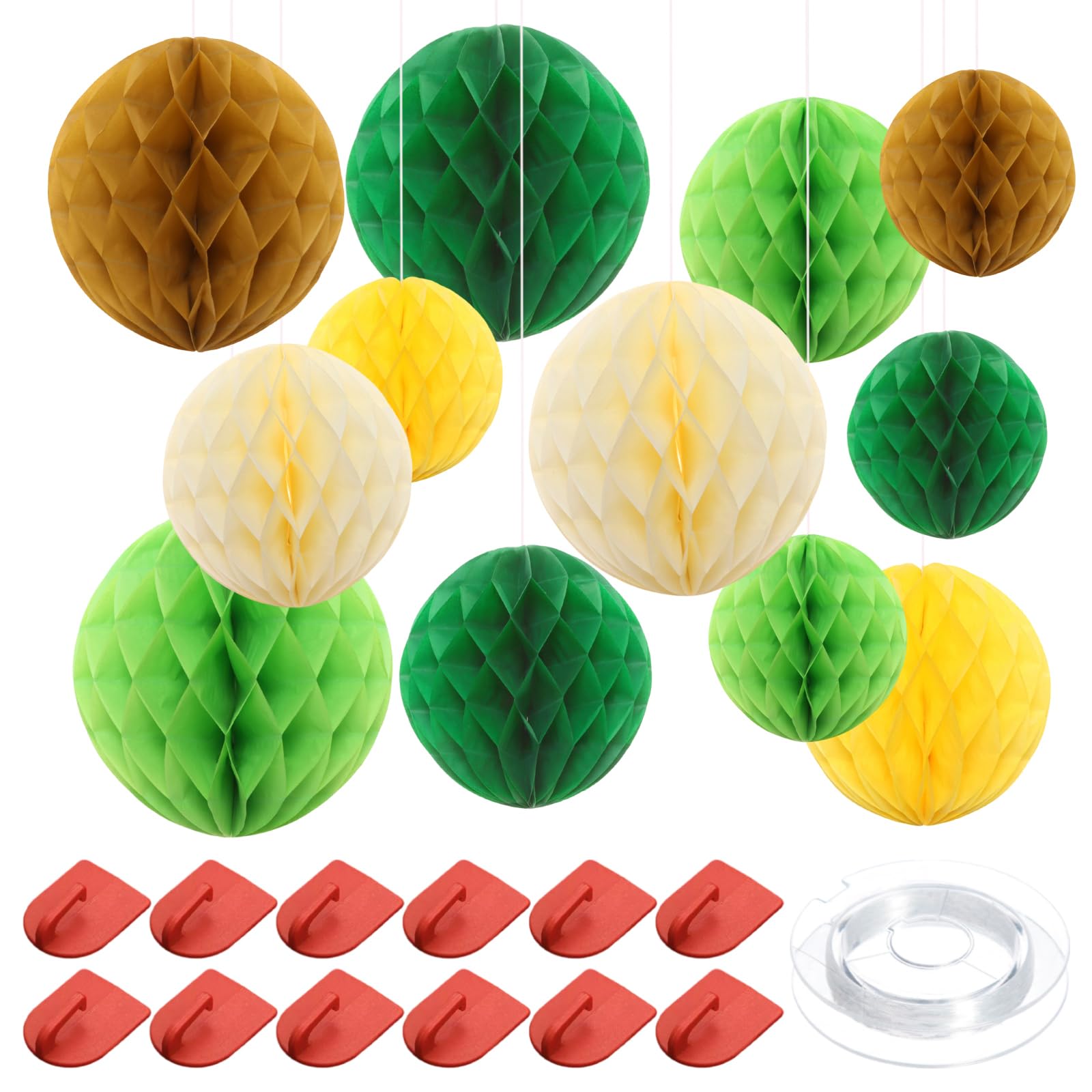 25 Pcs Paper Honeycomb Balls Green, Hanging Honeycomb Decorations Kit with 15cm 20cm 25cm Green Paper Decorations 12 Hooks and 60m Fishing line for Birthday Wedding Graduation Party