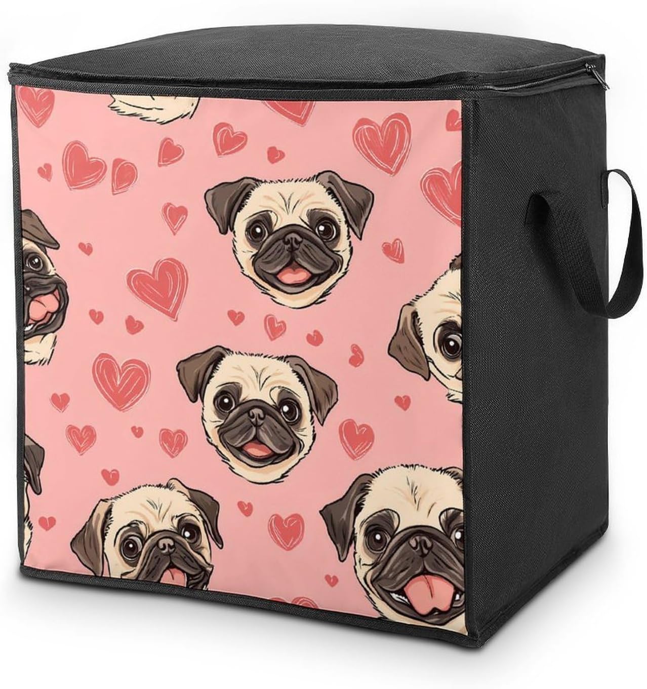 Pug Dogs Head And Love Heart Large Comforter Blanket Storage Bags Bins 70L Closet Organizer with Handles
