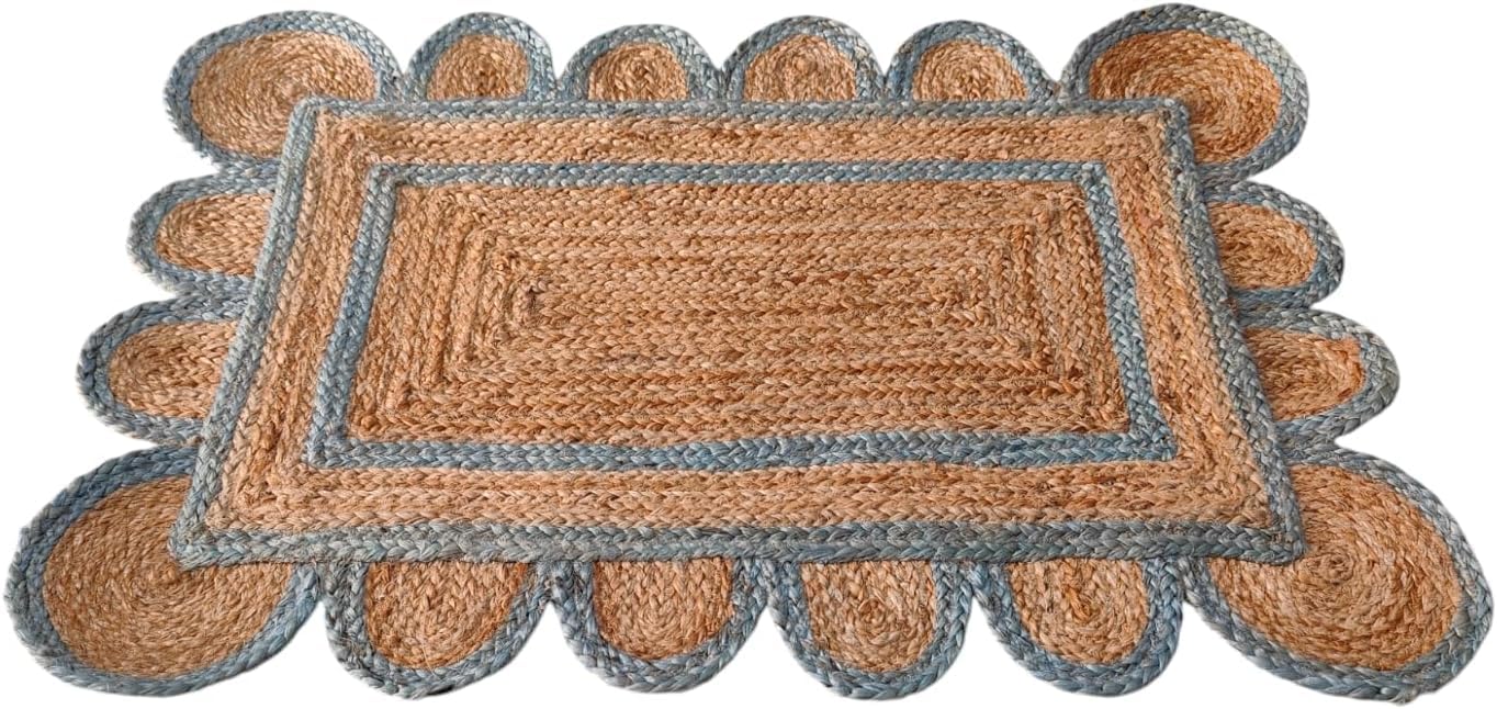 KLAVATE Scalloped Home Decor Braided Bohemian Jute Classic Quality Made Natural Hand Woven Area Rug