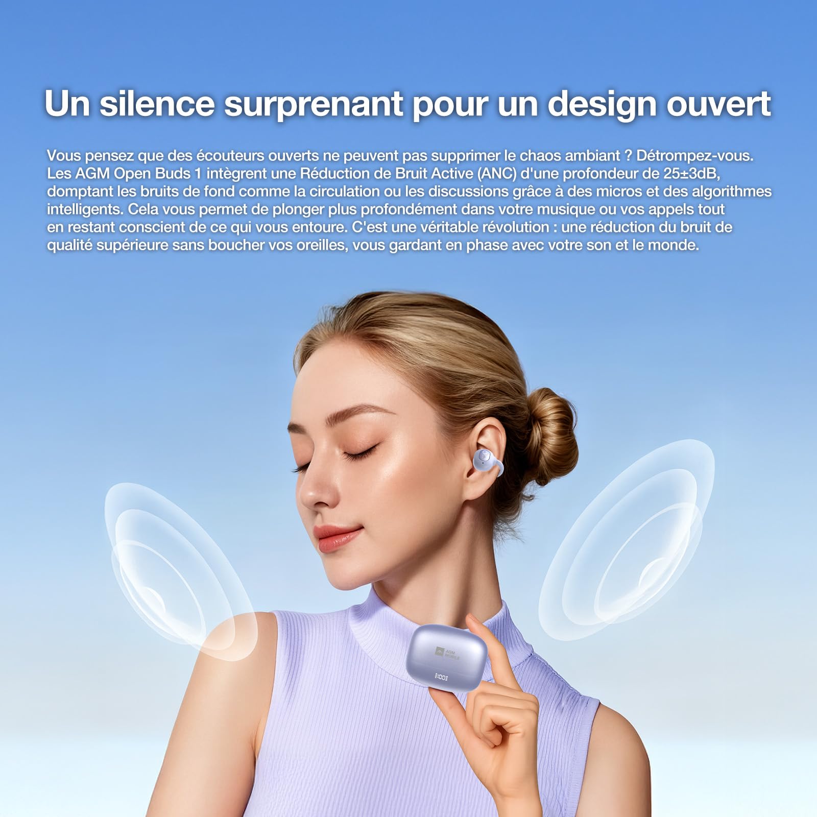 AGM Open Buds 1 Écouteurs Bluetooth 5.4 sans Fil, Design Open-Ear & Micro ENC, Ultraléger sans Douleur aux Oreilles, IPX4 Étanche, Boîtier de Charge USB-C avec Affichage LED, Noir