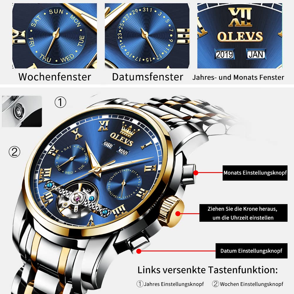 OLEVS Herrenuhren mit Datum Kalender Geschäft Quarz Armbanduhr Analog Edelstahl Wasserdicht Leuchtend Zwei-Farbig Casual Armbanduhr